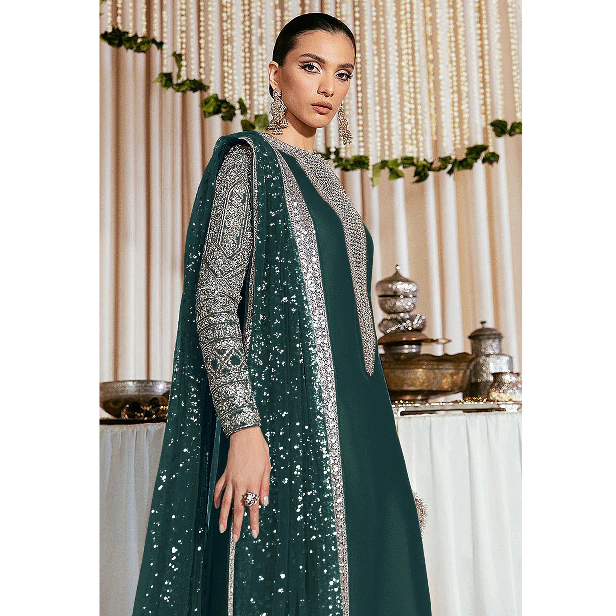 Green Sequins Embroidered Georgette Pakistani Suit