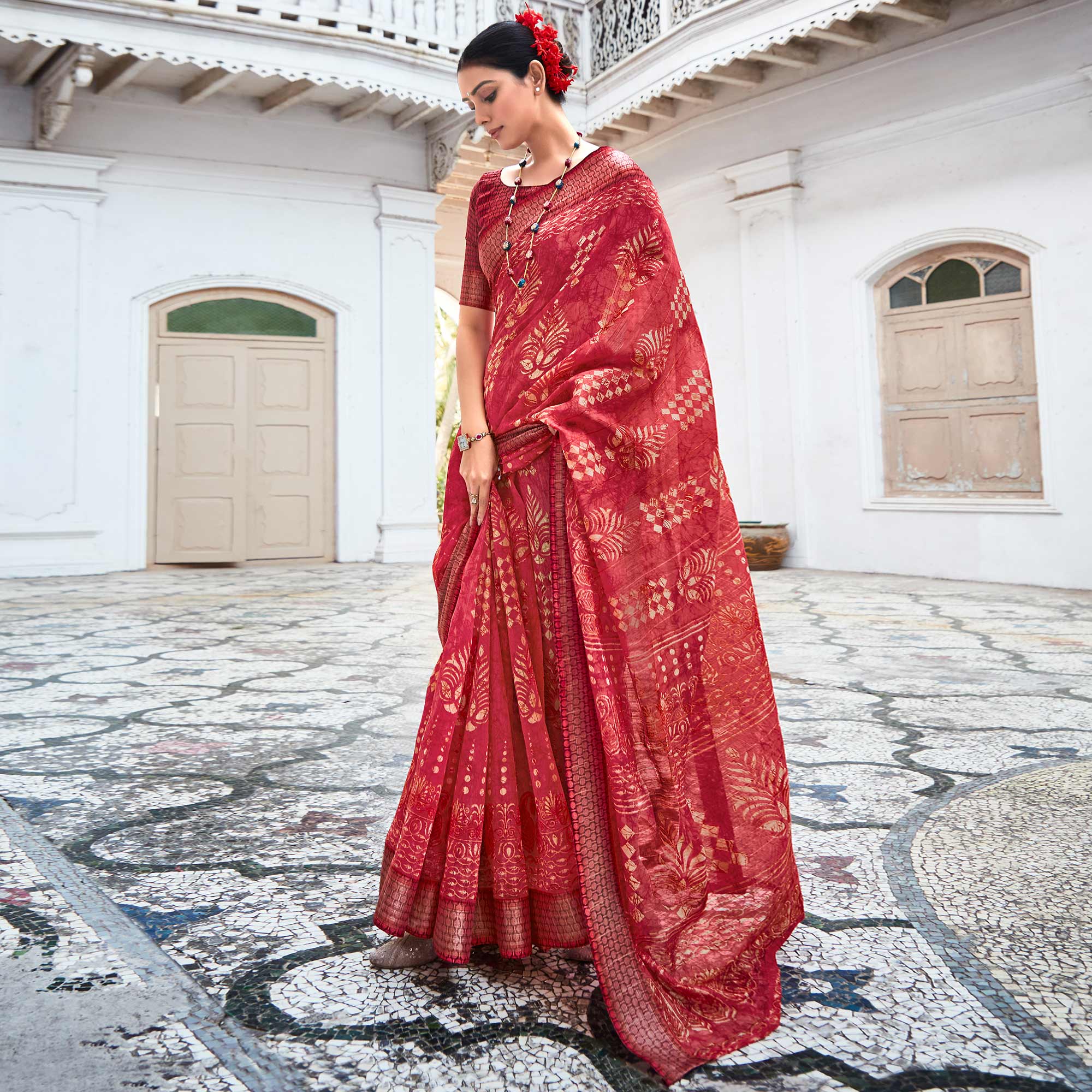 Red Printed With Woven Border Cotton Saree