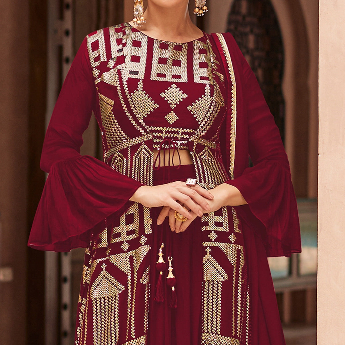 Maroon Sequins Embroidered Georgette Sharara Choli With Jacket