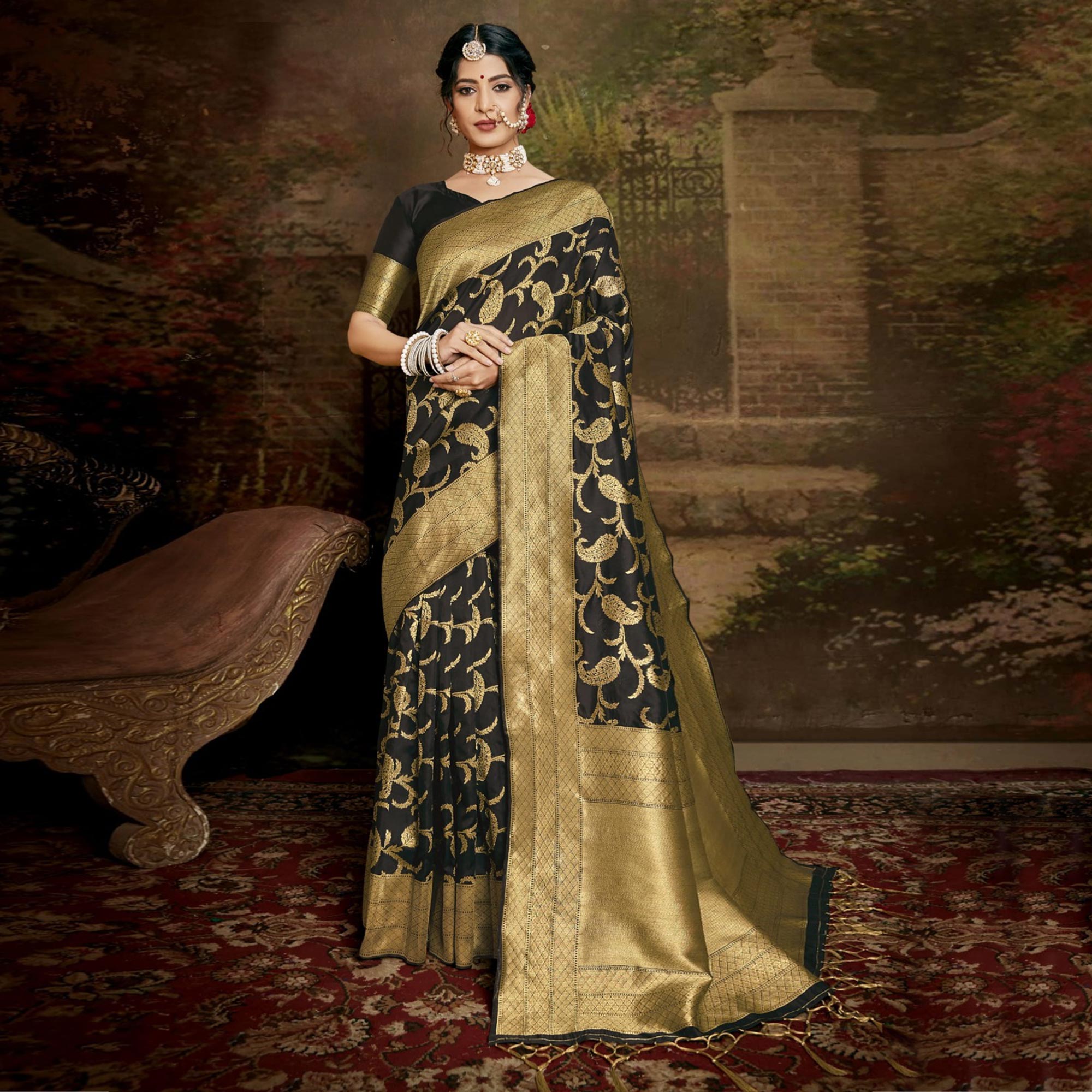 Black Woven Banarasi Silk Saree With Tassels