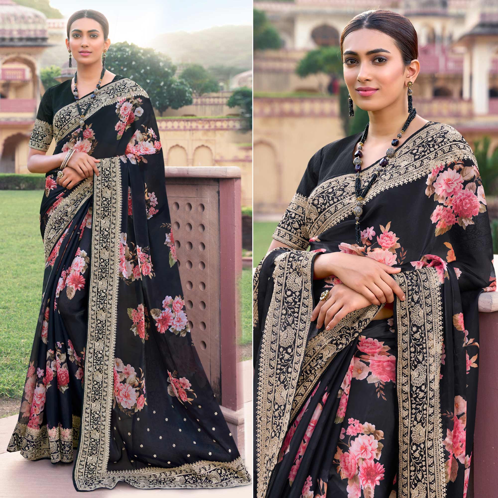 Black Floral Printed With Embroidered Organza Saree