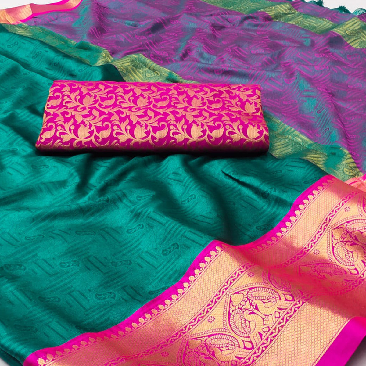 Rama Green Woven Cotton Silk Saree With Tassels