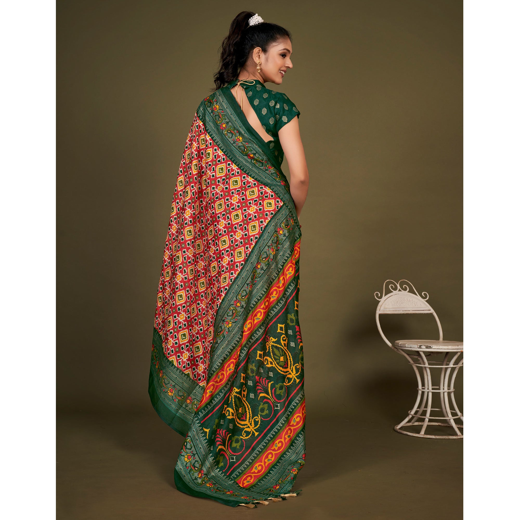 Red Printed Jute Patola Saree With Tassels