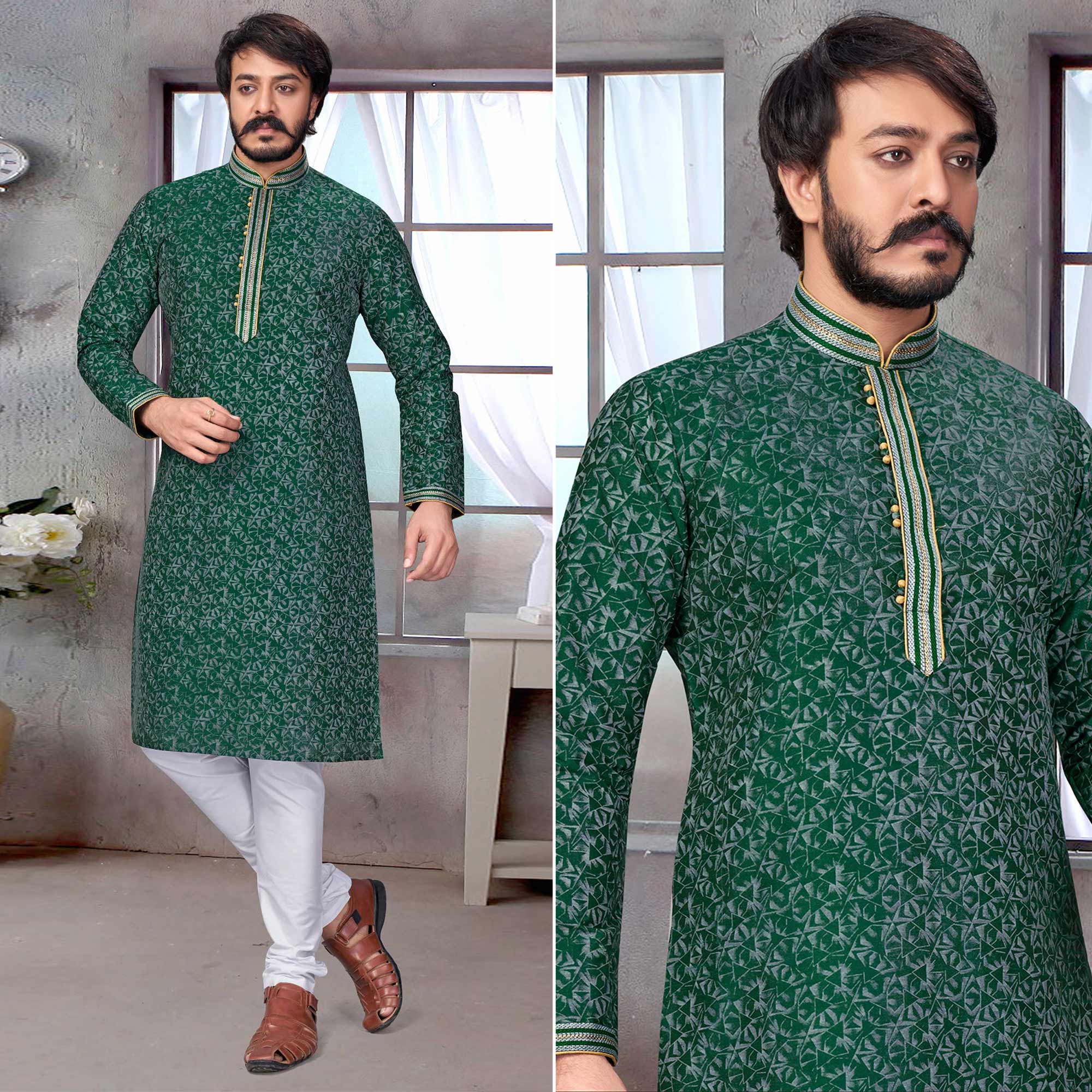 Green Printed Jacquard Kurta Pyjama Set