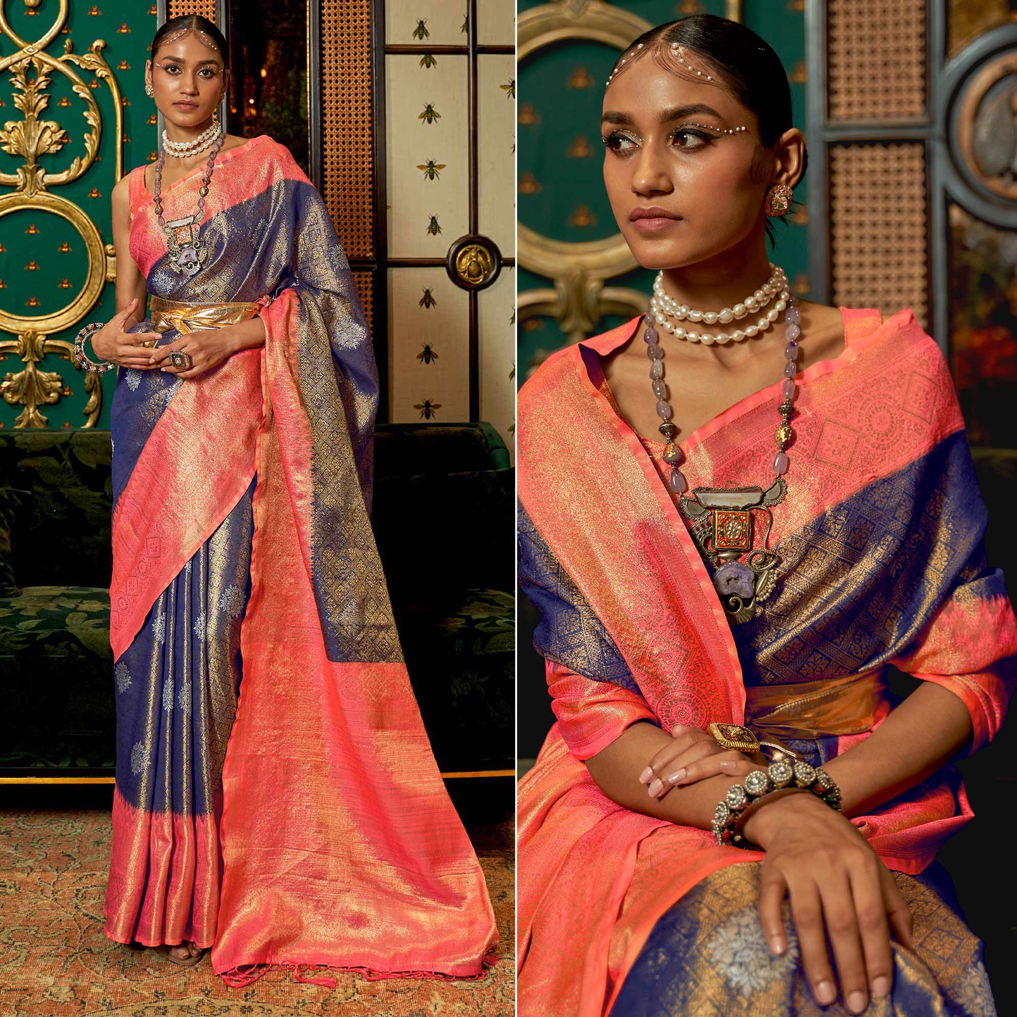 Blue Woven Art Silk Saree With Tassels