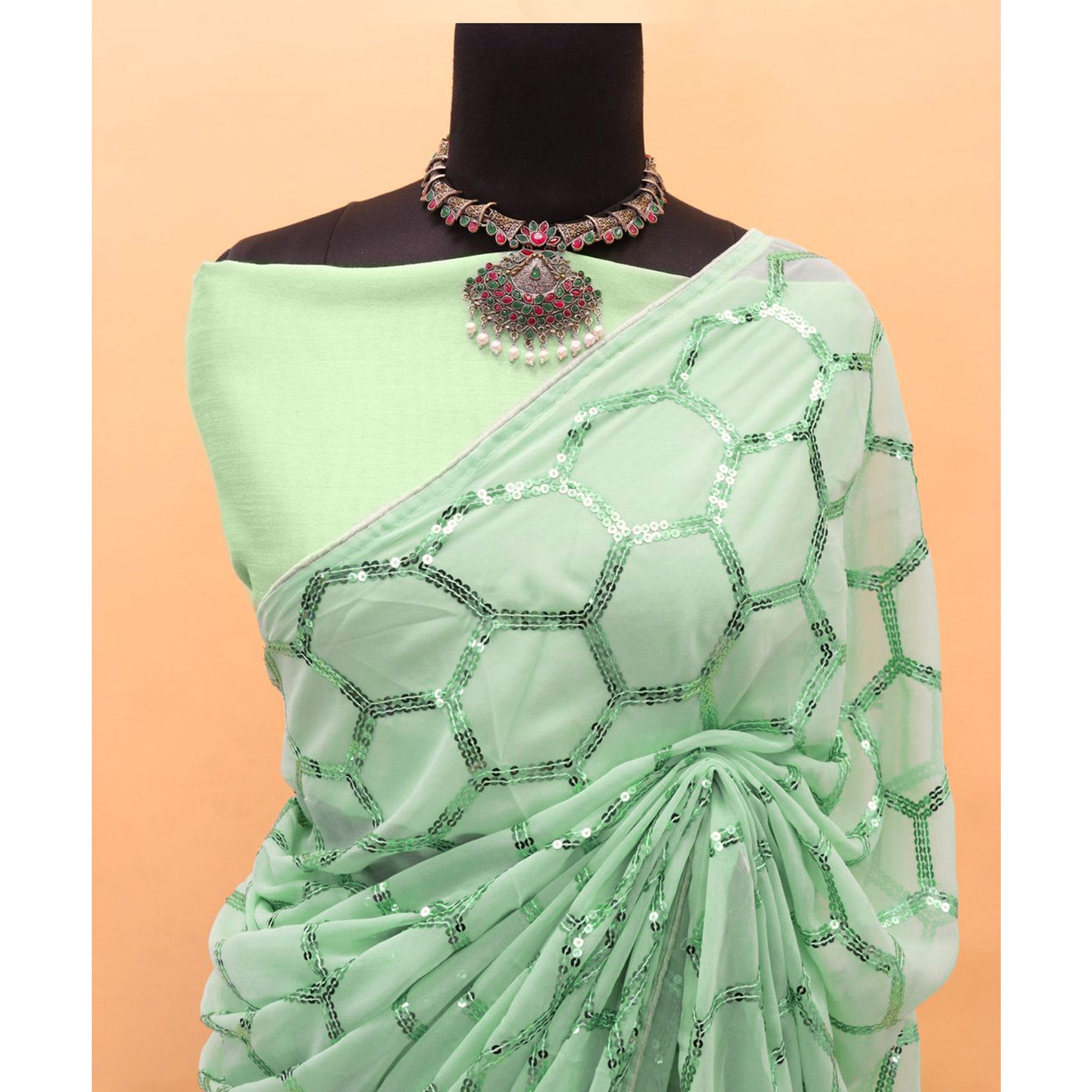 Pista Green Sequins Embroidered Georgette Saree
