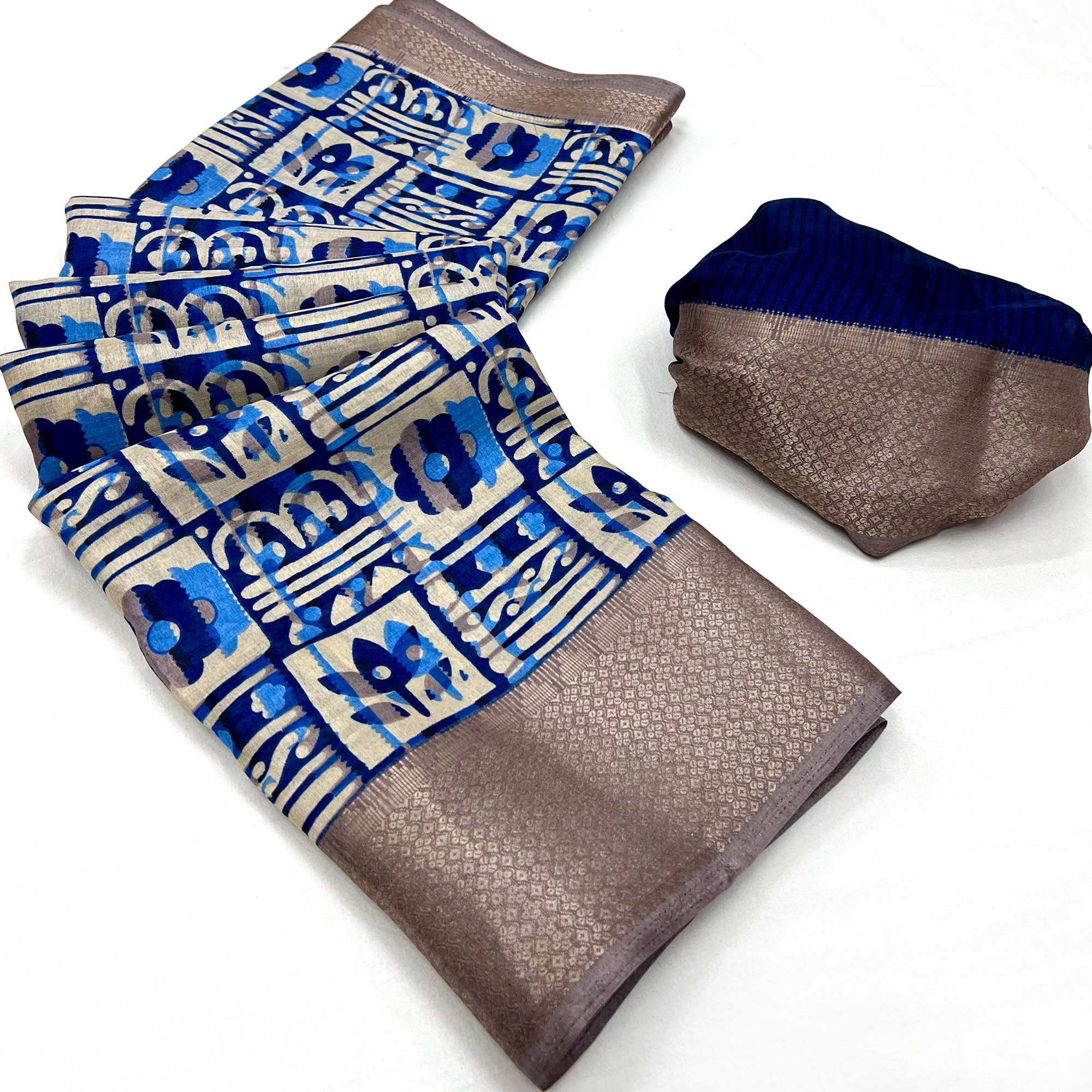 Royal Blue Printed With Woven Border Dola Silk Saree