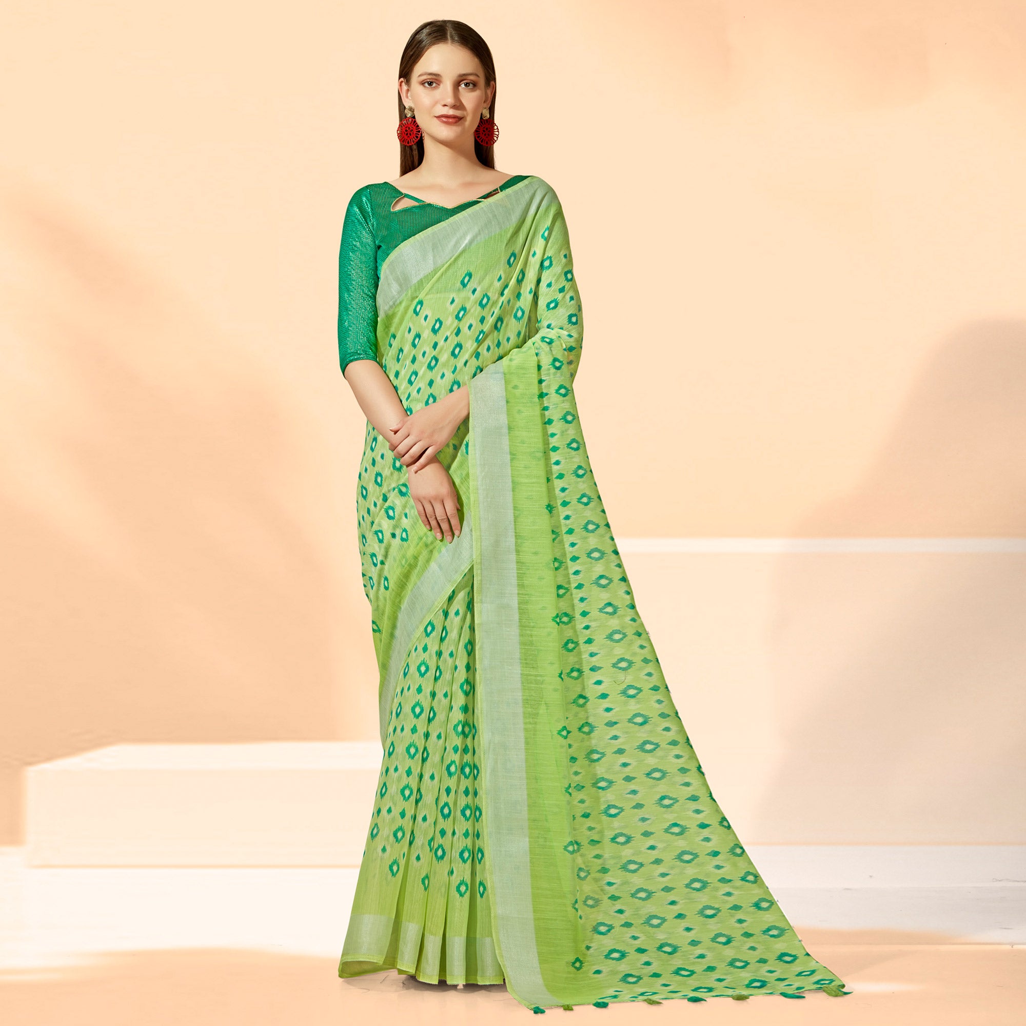 Green Printed Cotton Silk Saree With Tassels