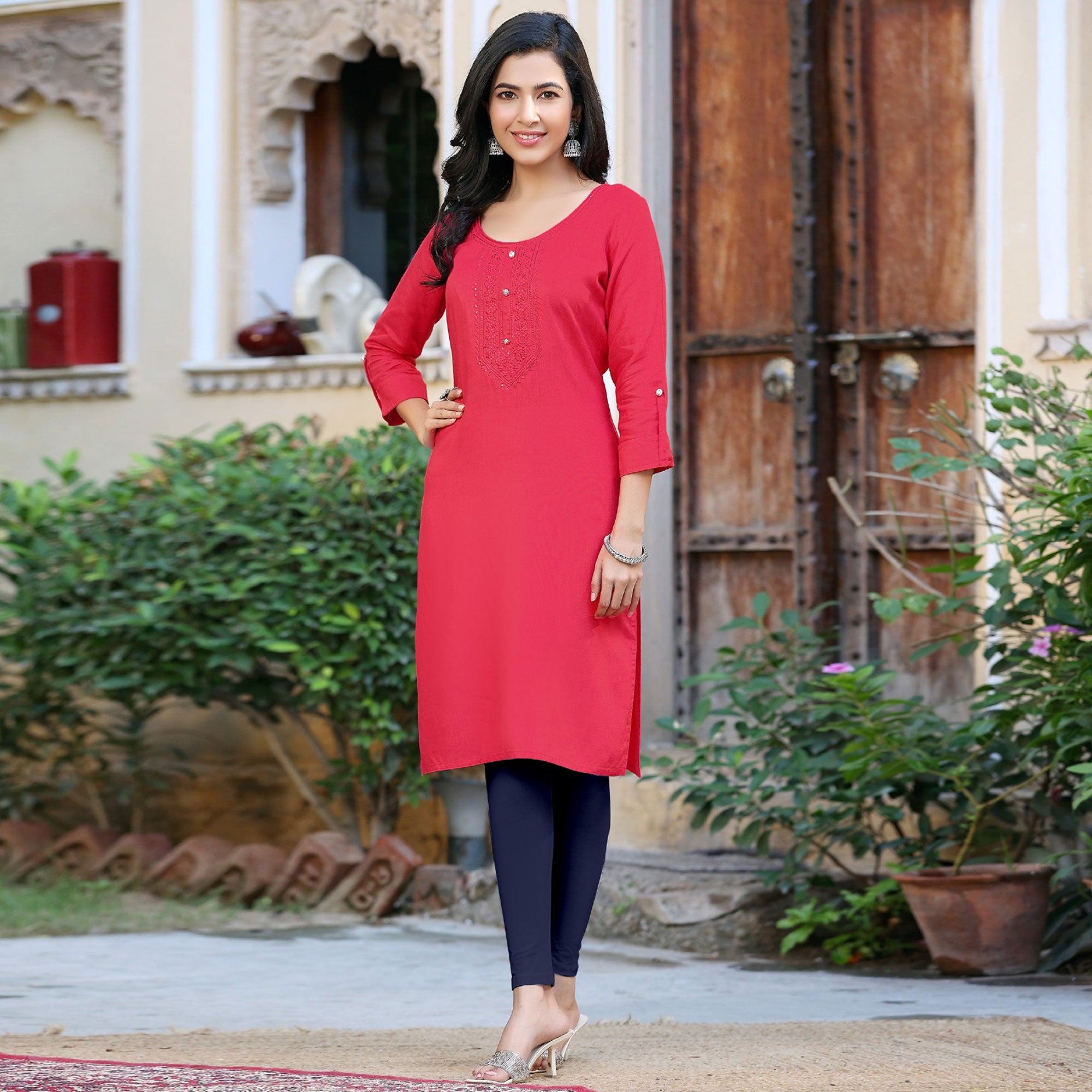 Pink Embroidered Rayon Kurti