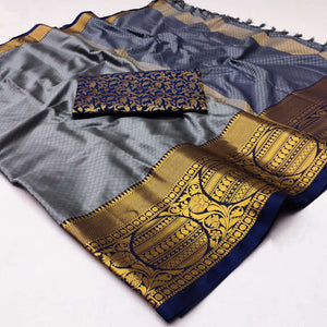 Grey Woven Cotton Silk Saree With Tassels