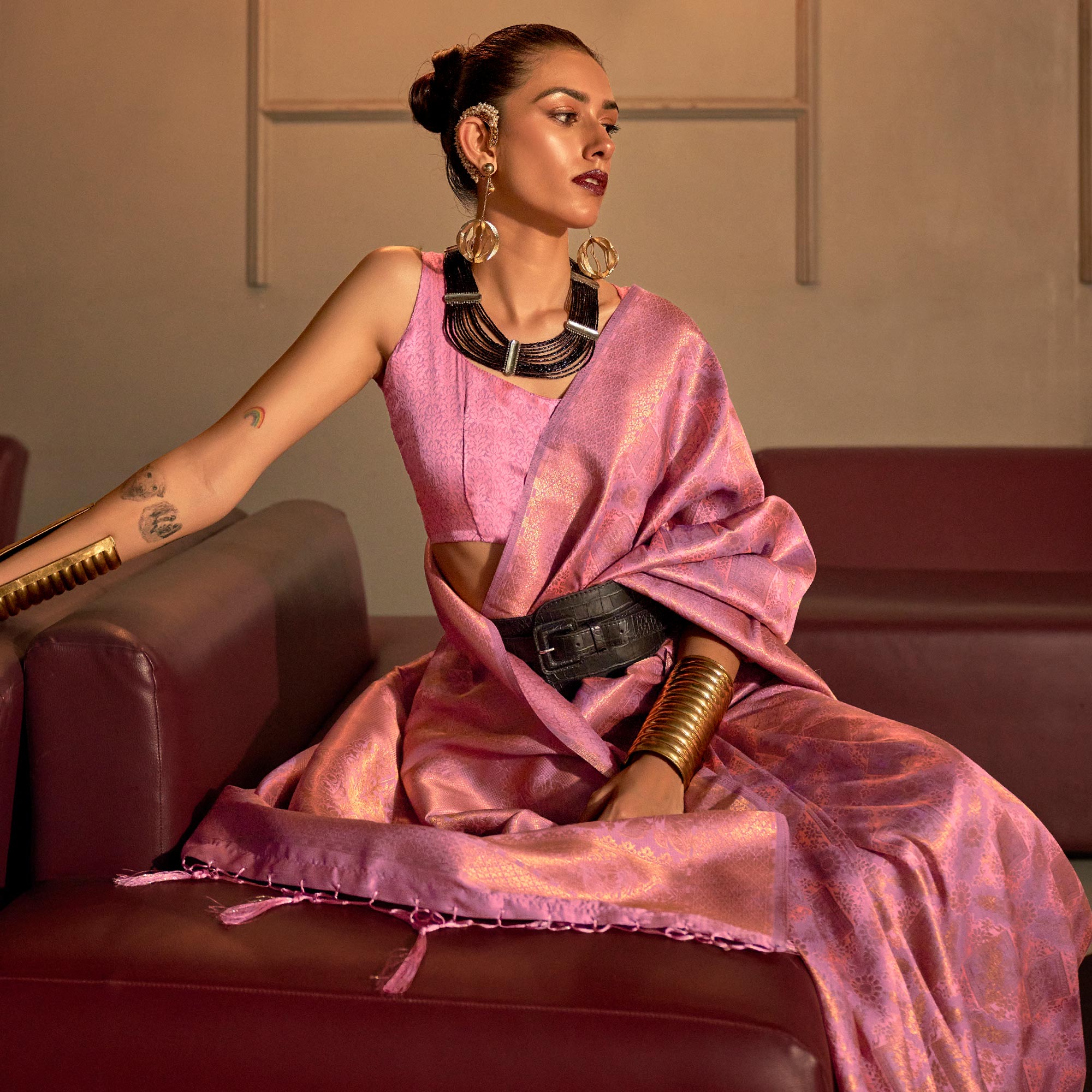 Pink Woven Art Silk Saree With Tassels