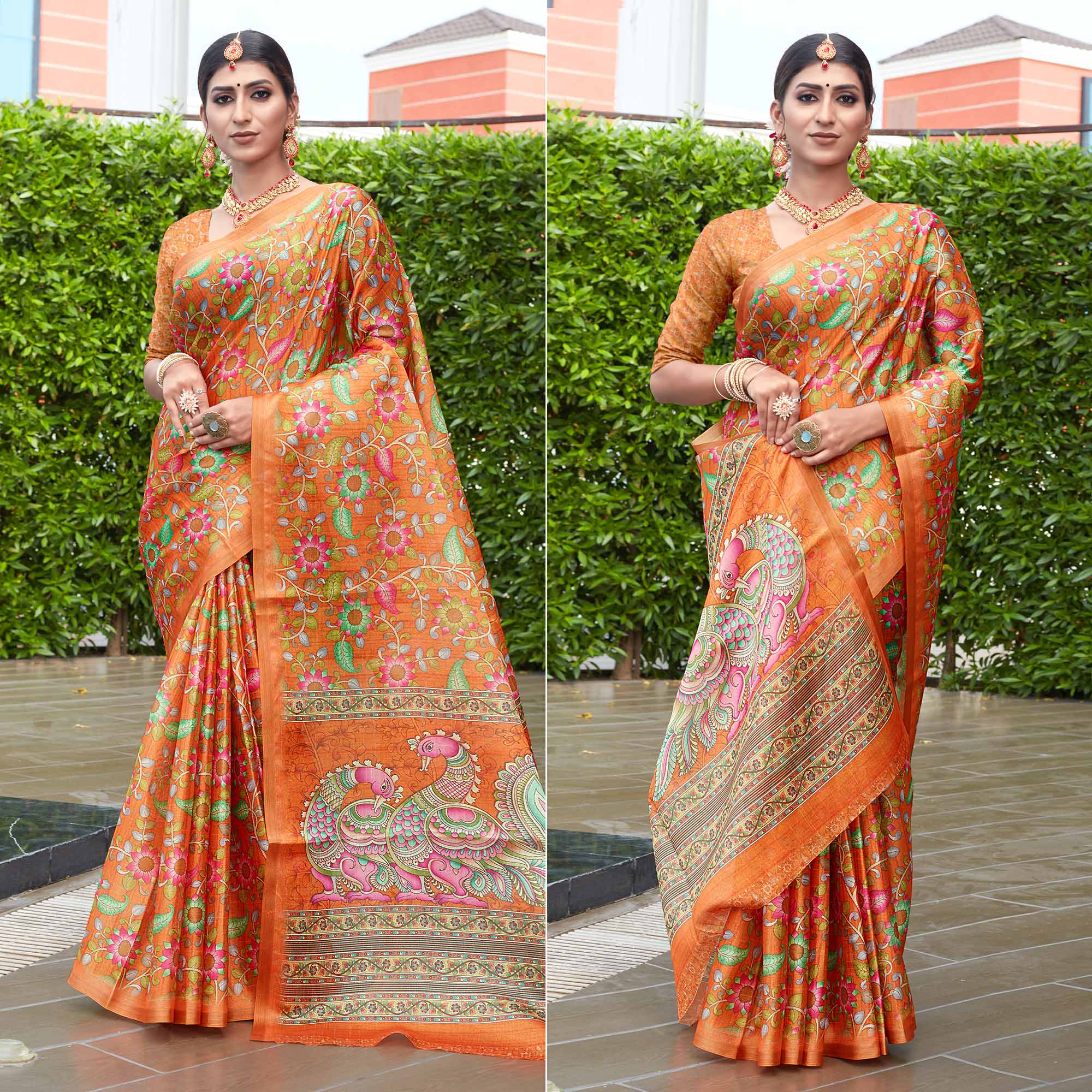 Orange Floral Digital Printed Cotton Silk Saree