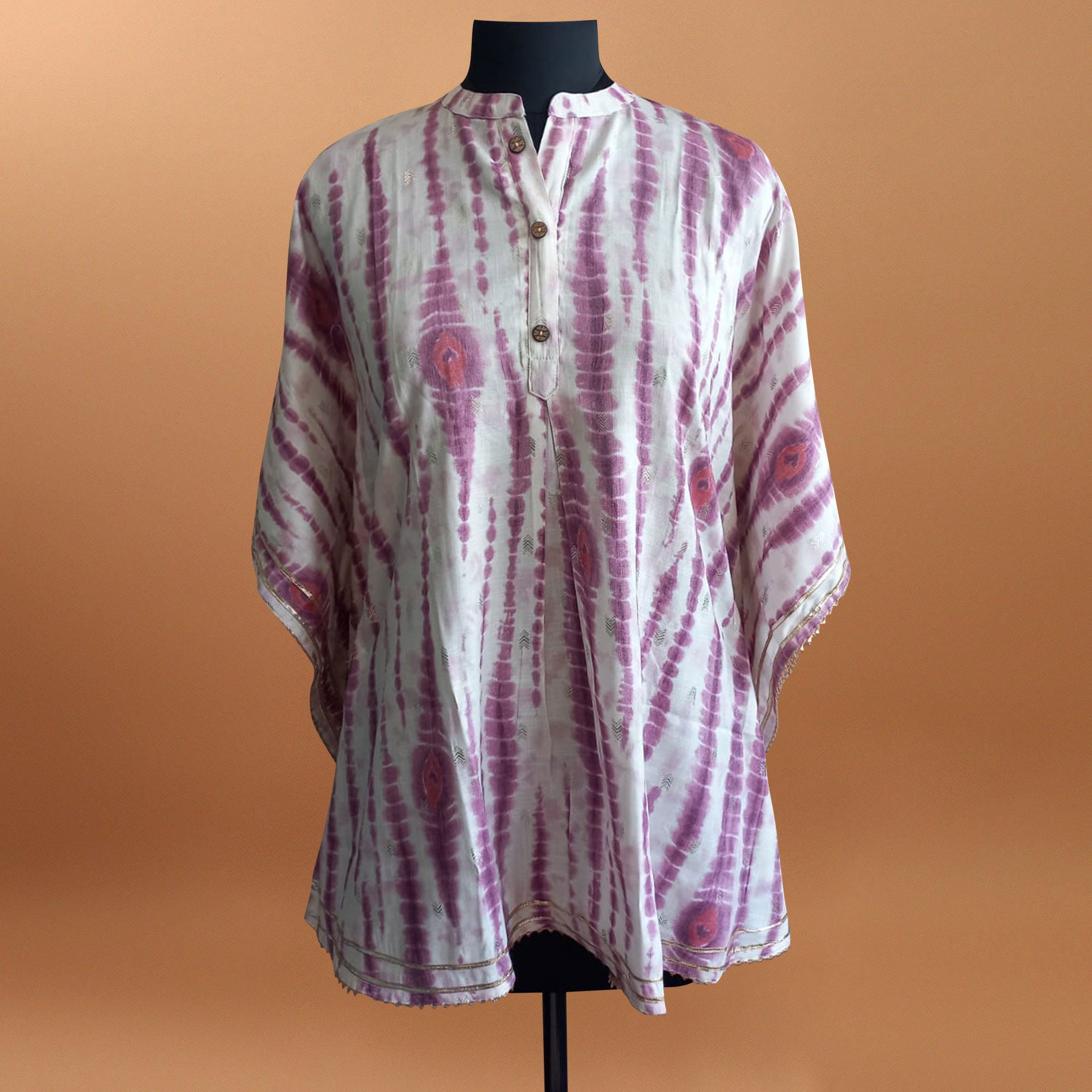 White & Purple Printed With Gota Patti Work Rayon Kaftan Top