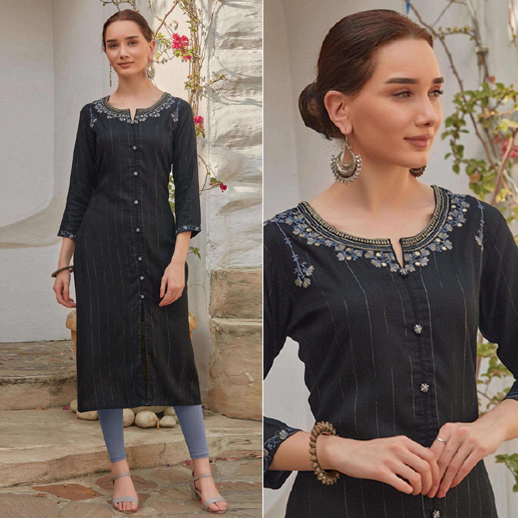 Black Floral Embroidered Cotton Blend Kurti