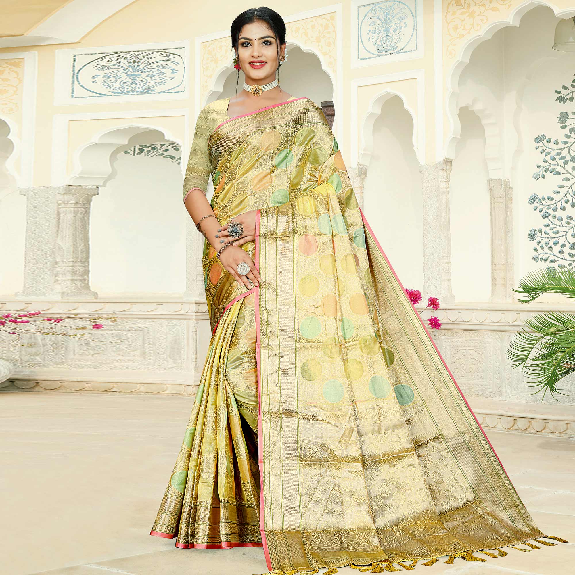 Lemon Green Floral Woven Organza Saree With Tassels