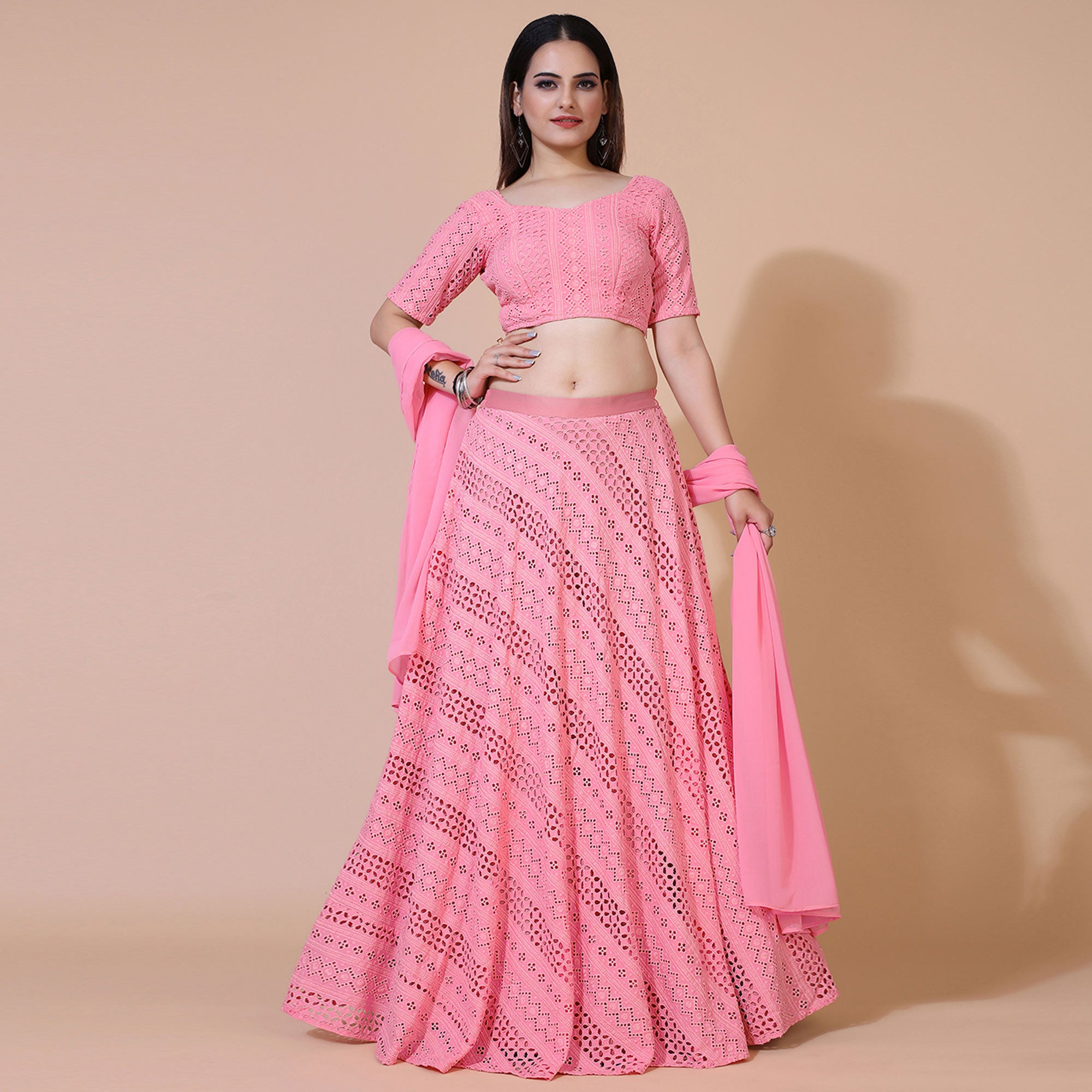 Pink Lucknowi Chikankari Work Rayon Lehenga Choli