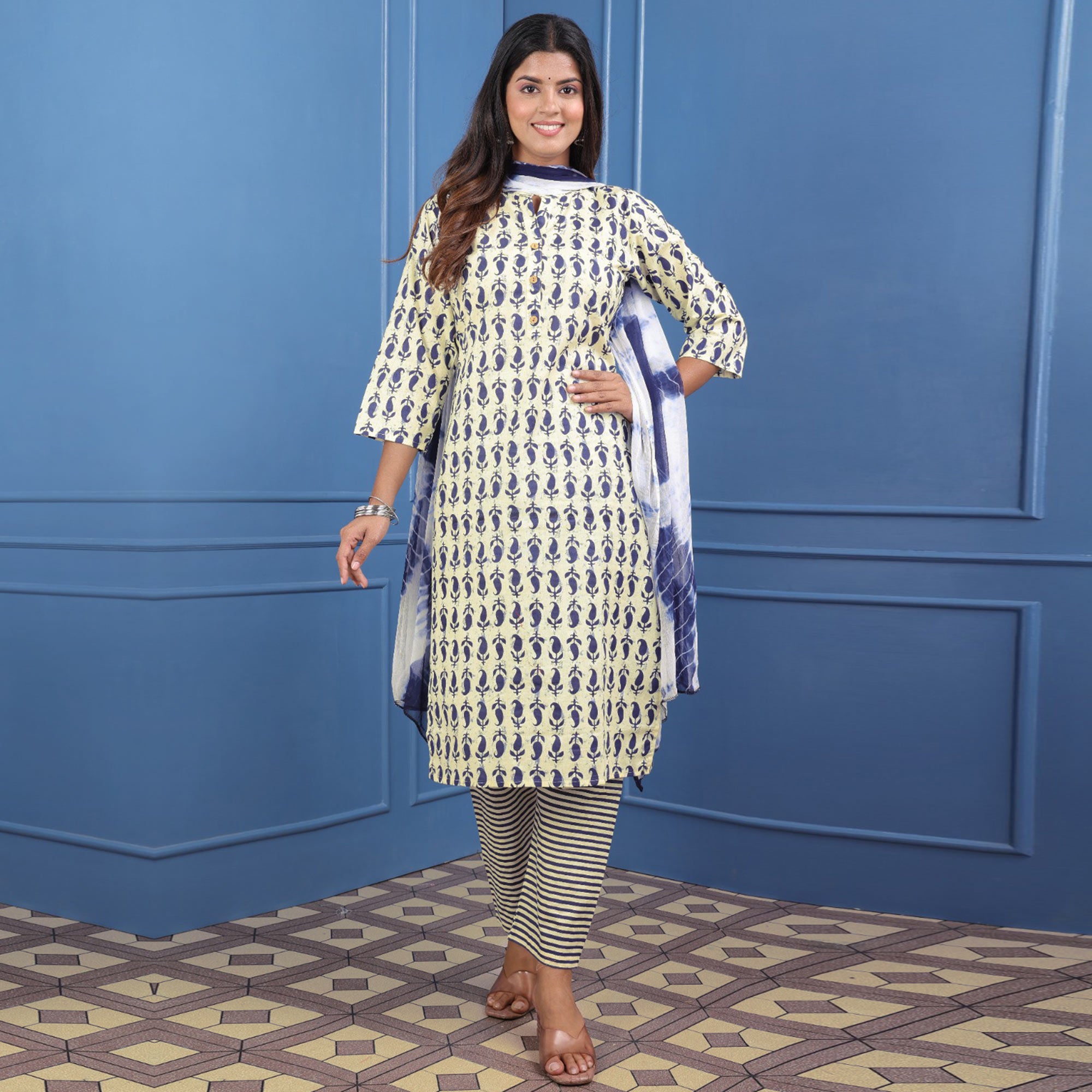 Cream Blue Floral Printed Pure Cotton Suit