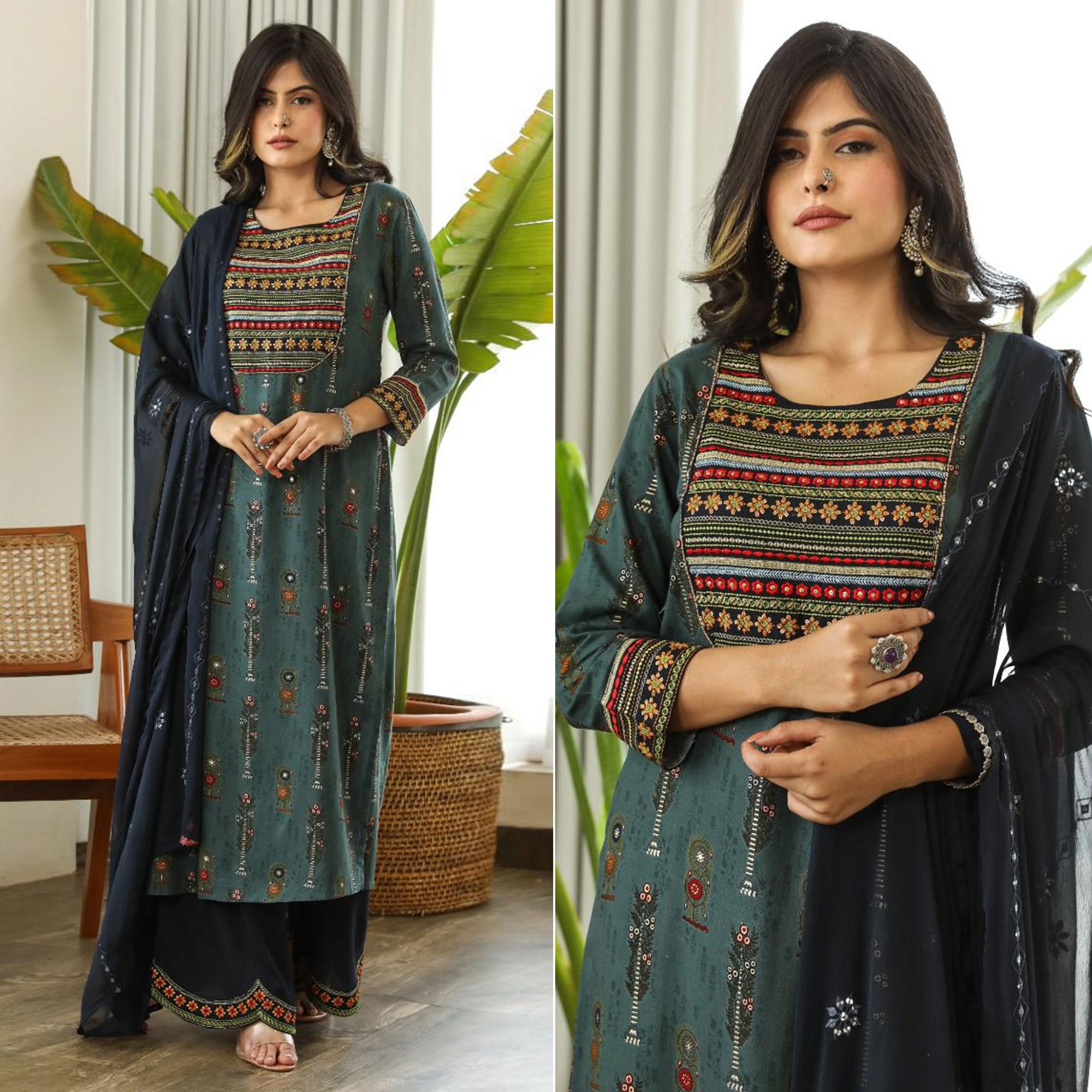 Blue Printed With Embroidered Rayon Palazzo Suit