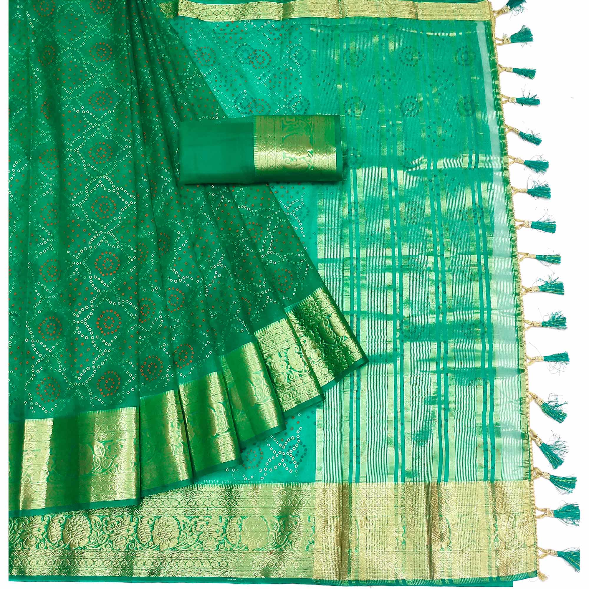 Green Bandhani Printed Organza Saree With Tassels