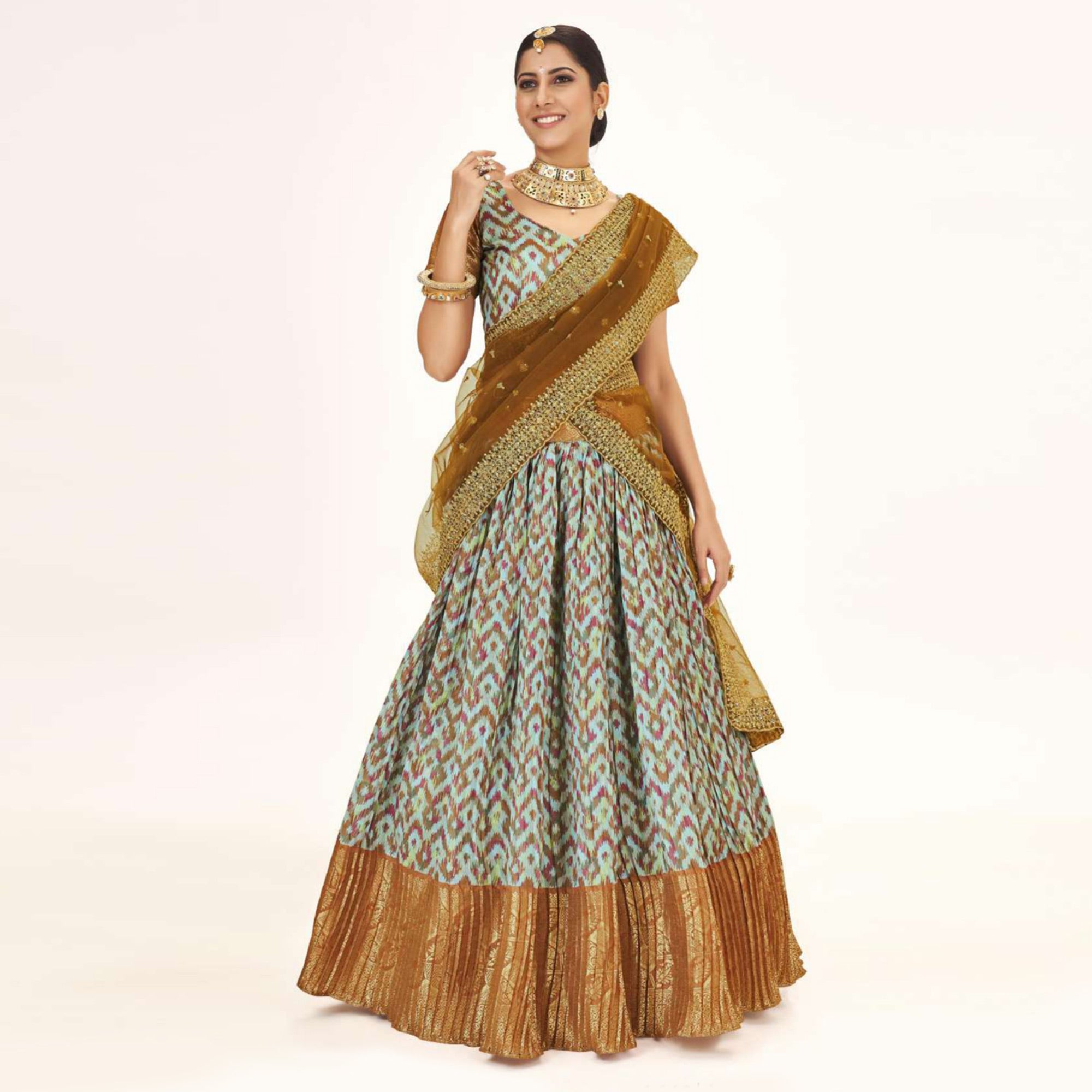 Light Blue Digital Printed With Zari Work Art Silk Lehenga Choli