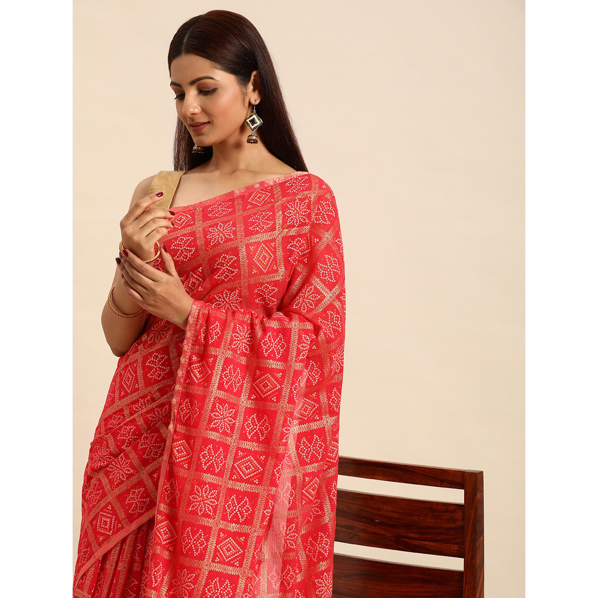Pink Bandhani Foil Printed Zomato Saree With Tassels