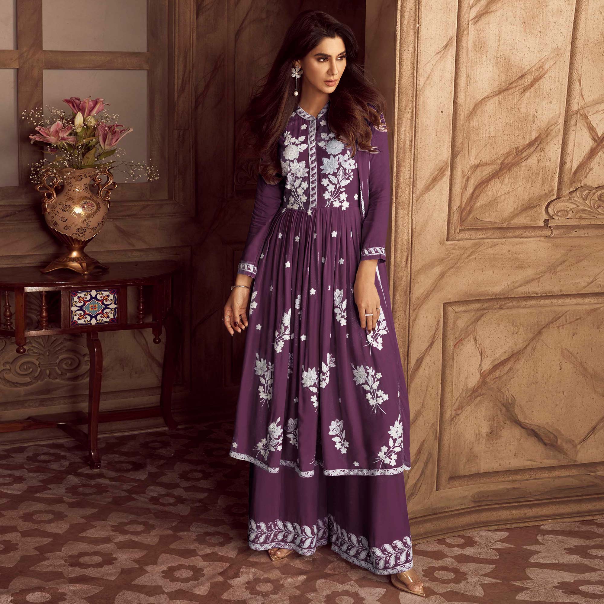 Purple Lucknowi Embroidered Rayon Palazzo Suit