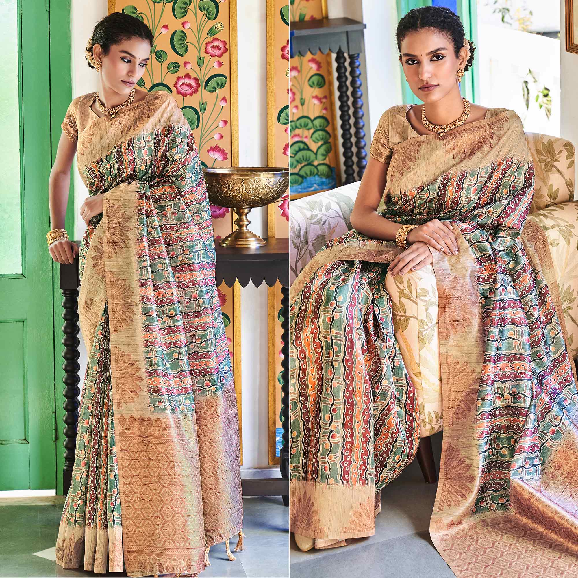 Multicolor Digital Printed Raw Silk Saree With Tassels