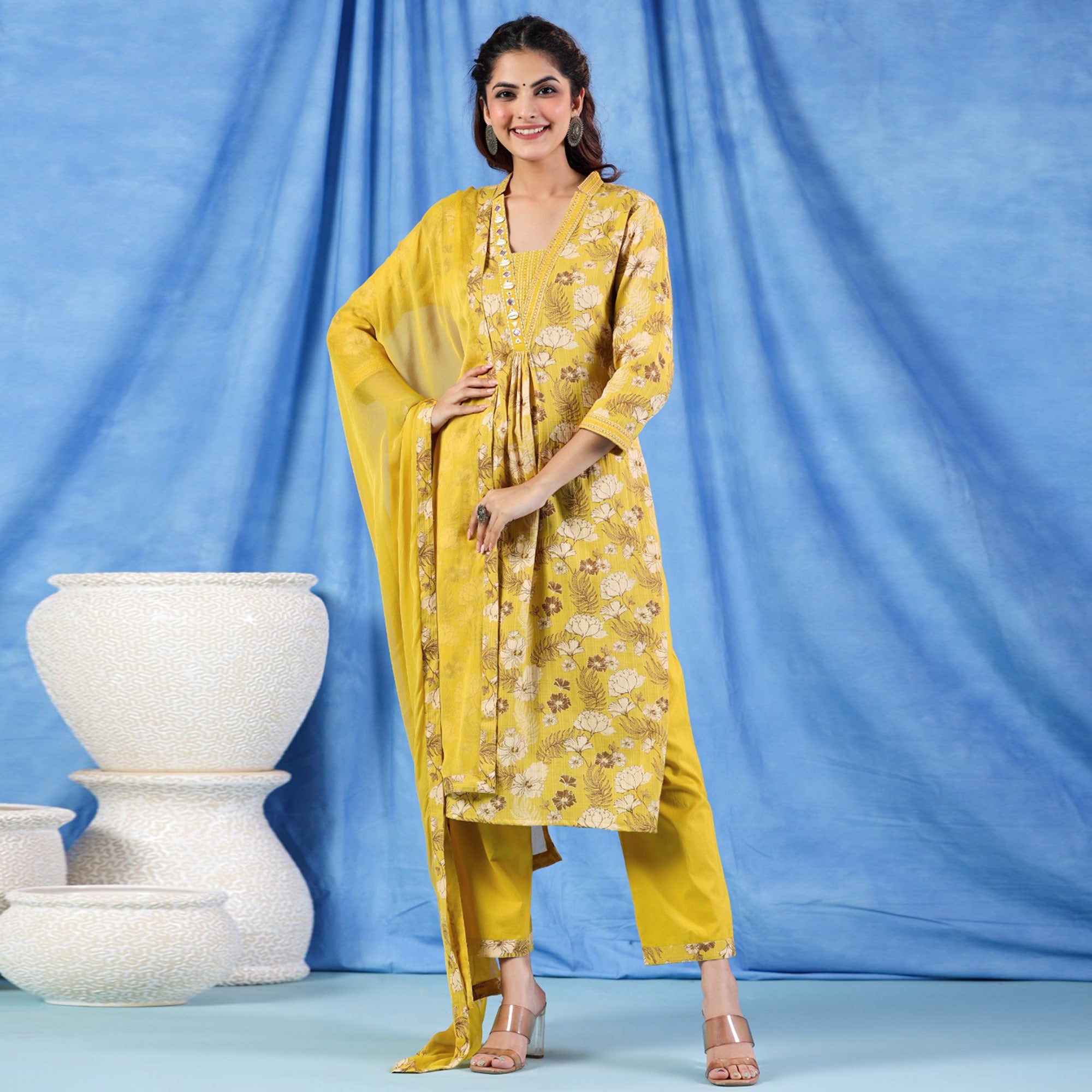 Yellow Floral Printed Pure Cotton Suit