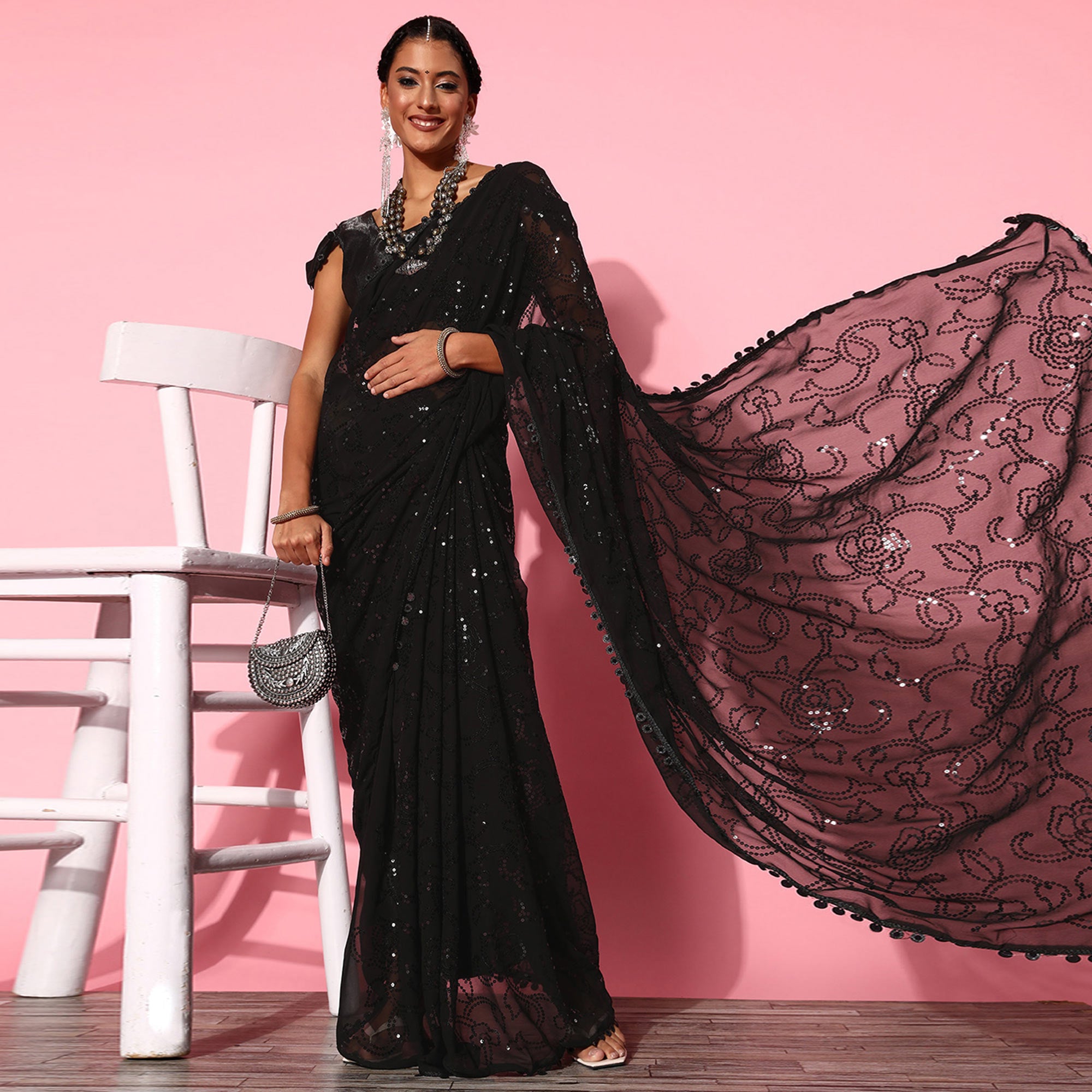 Black Sequins Embroidered Georgette Saree