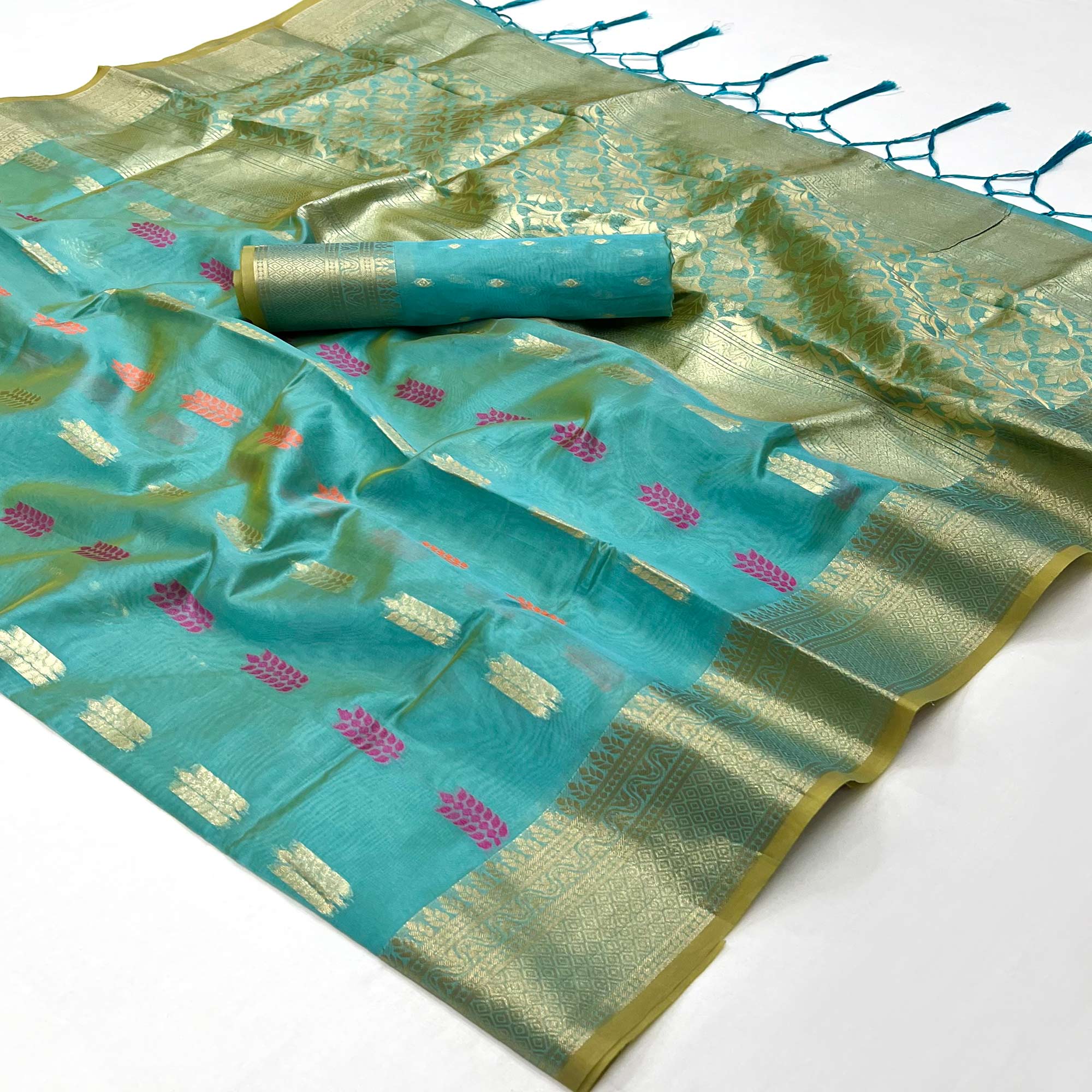 Blue Floral Woven Organza Saree