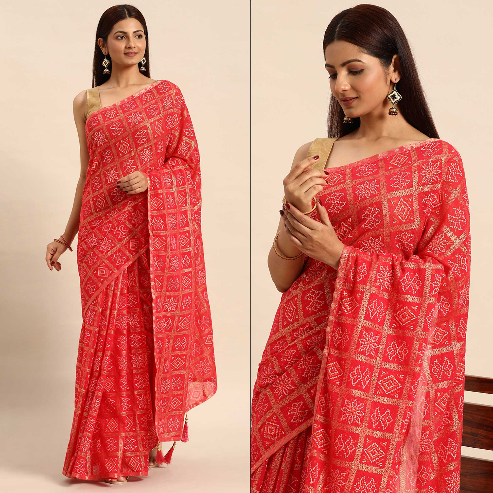 Pink Bandhani Foil Printed Zomato Saree With Tassels