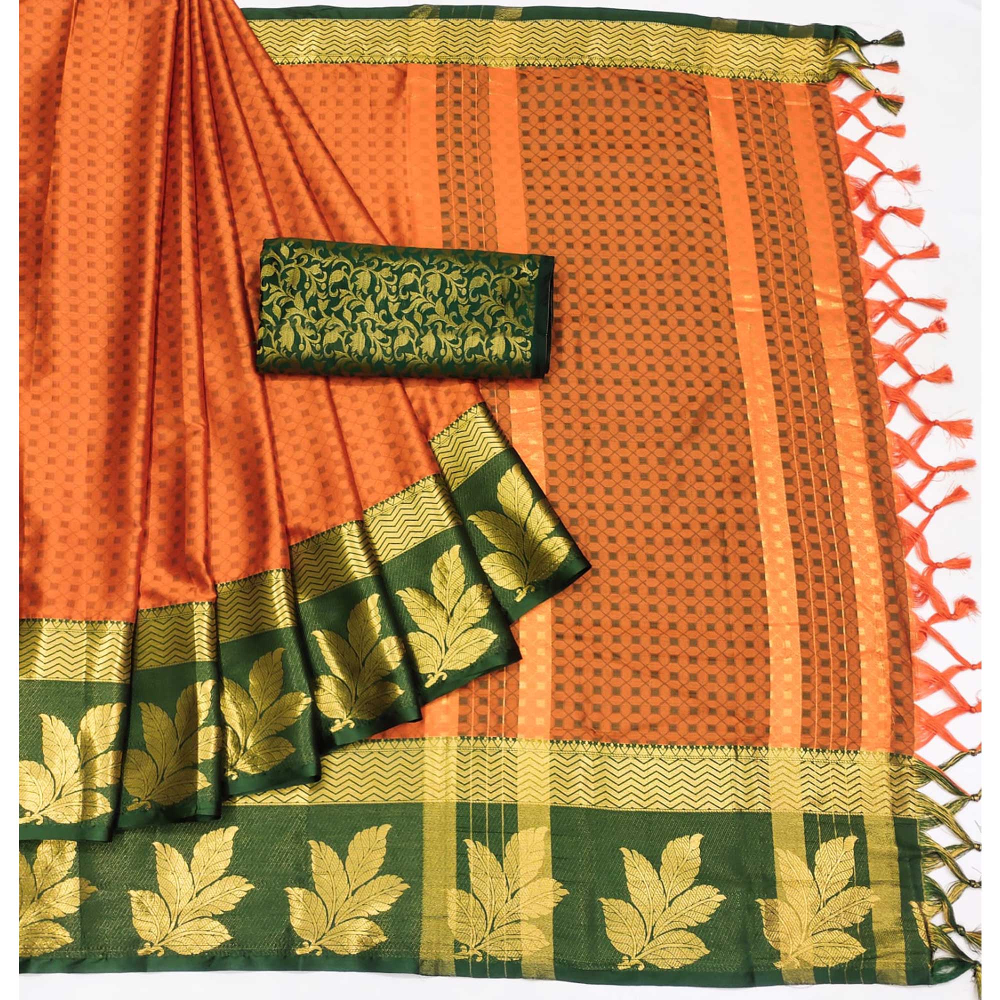 Orange Woven Cotton Silk Saree With Tassels