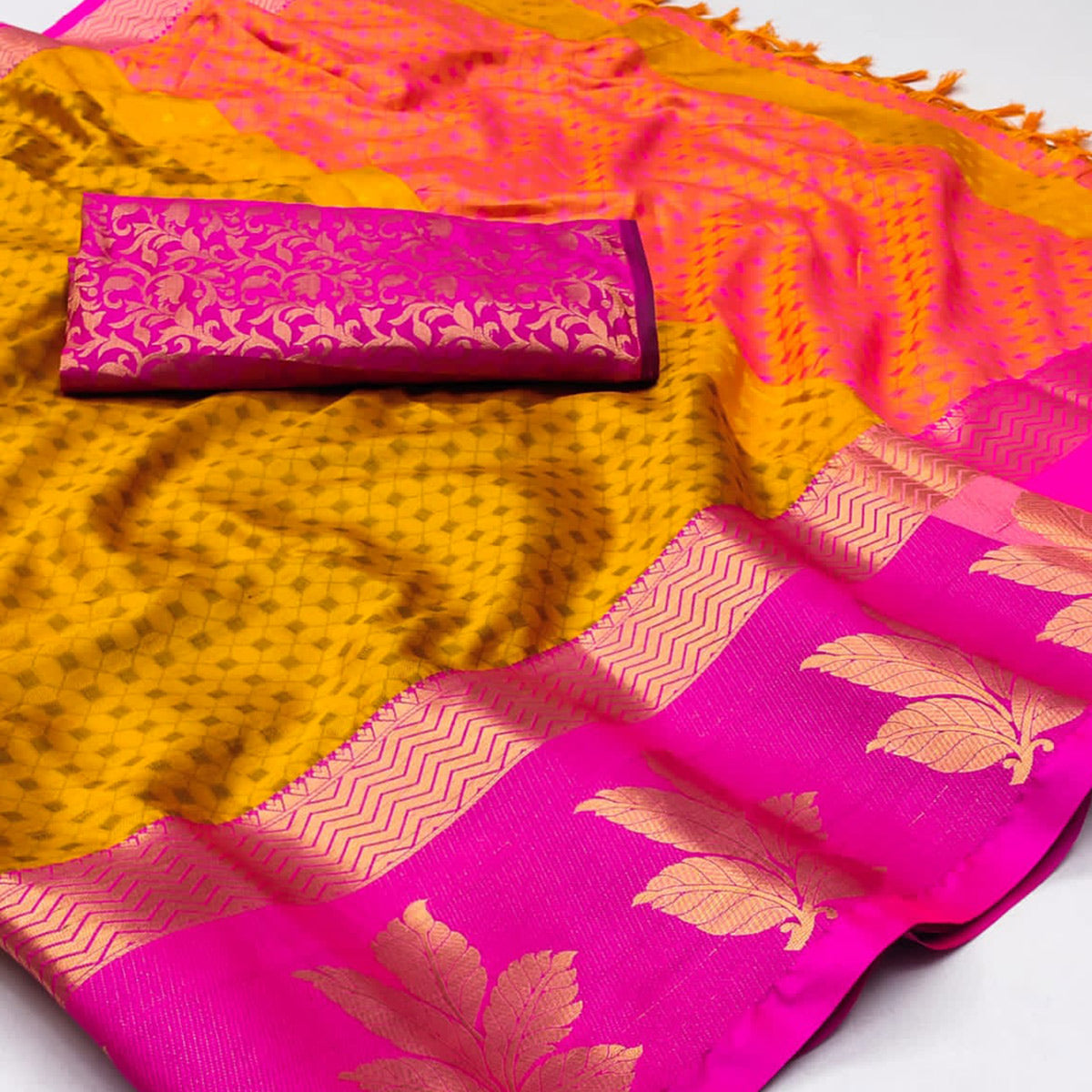 Gold Woven Cotton Silk Saree With Tassels