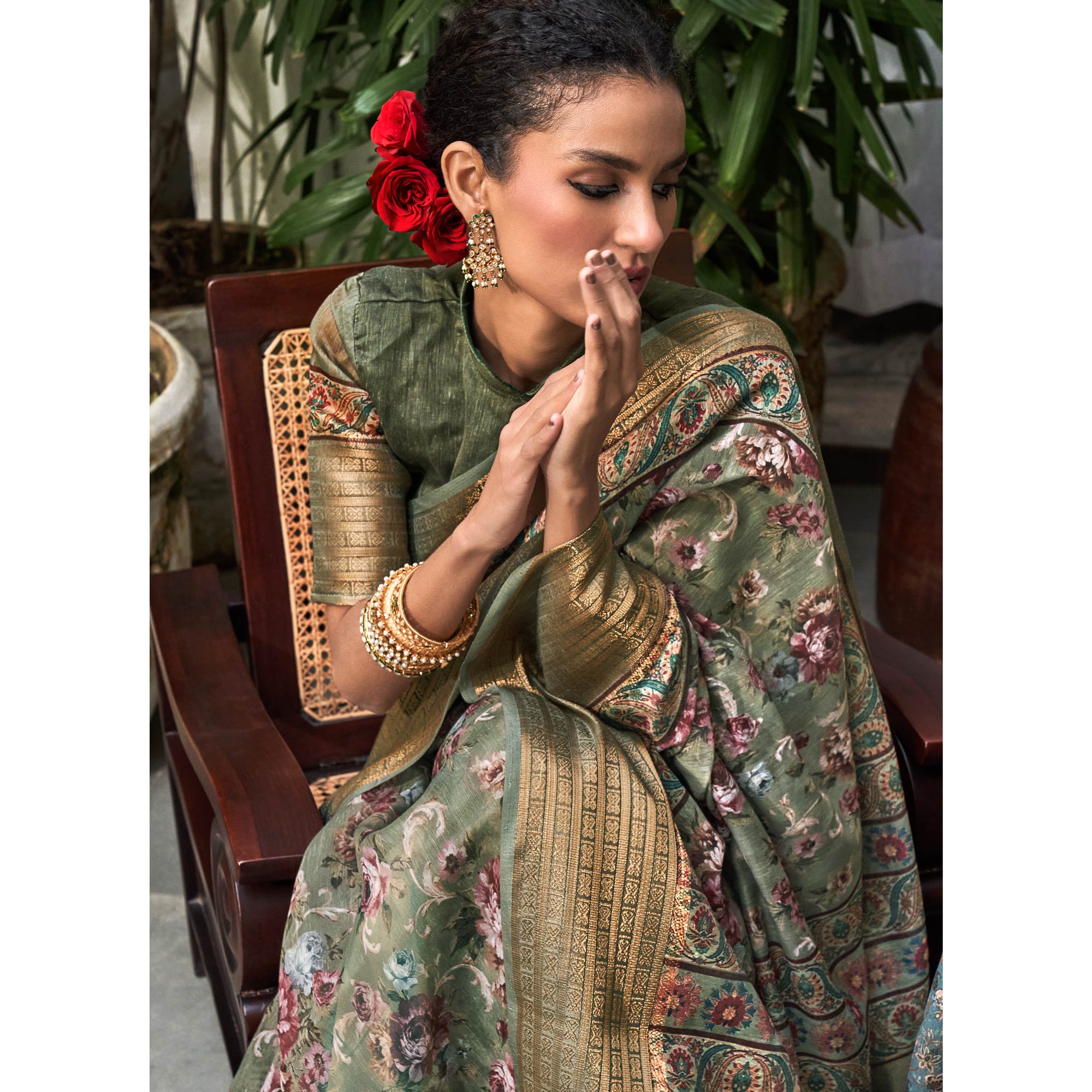 Green Digital Printed Linen Saree