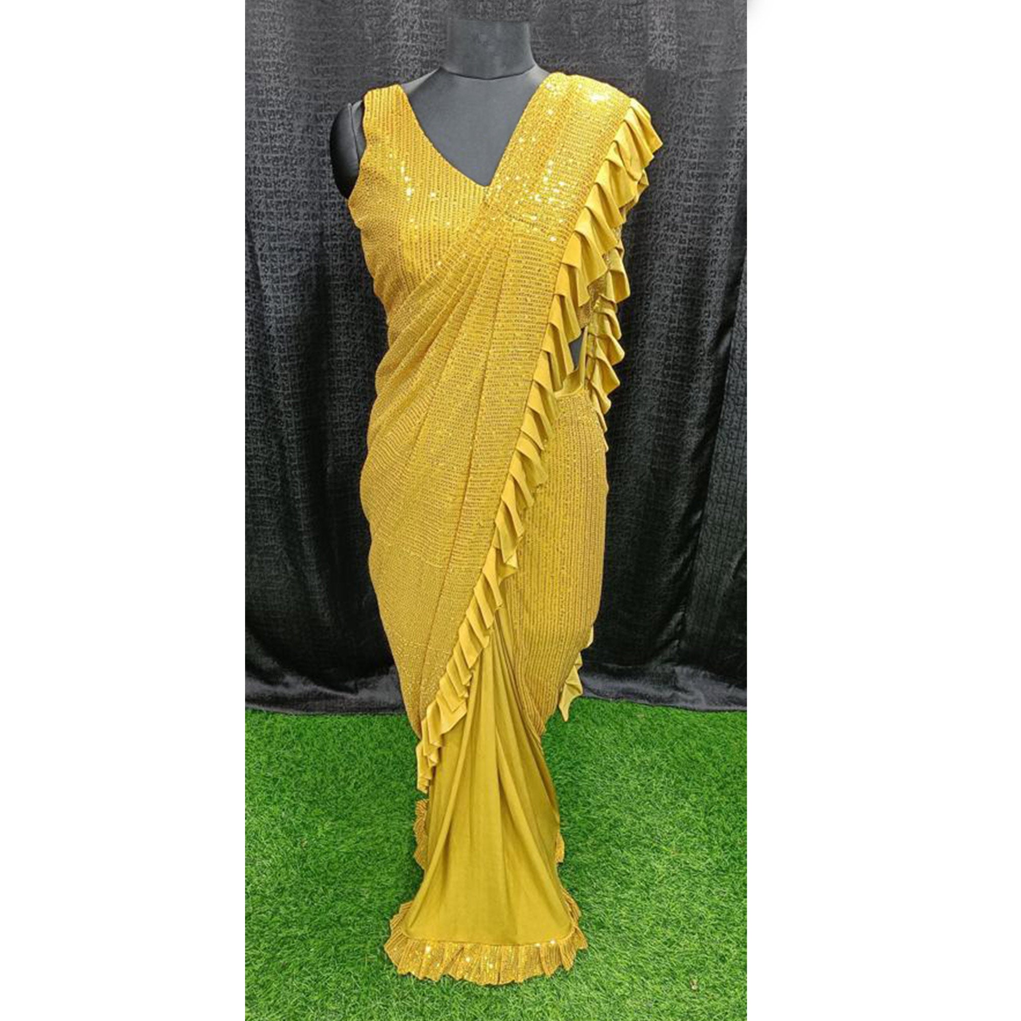 Yellow Sequins Embroidered Ready to Wear Lycra And Netted Saree