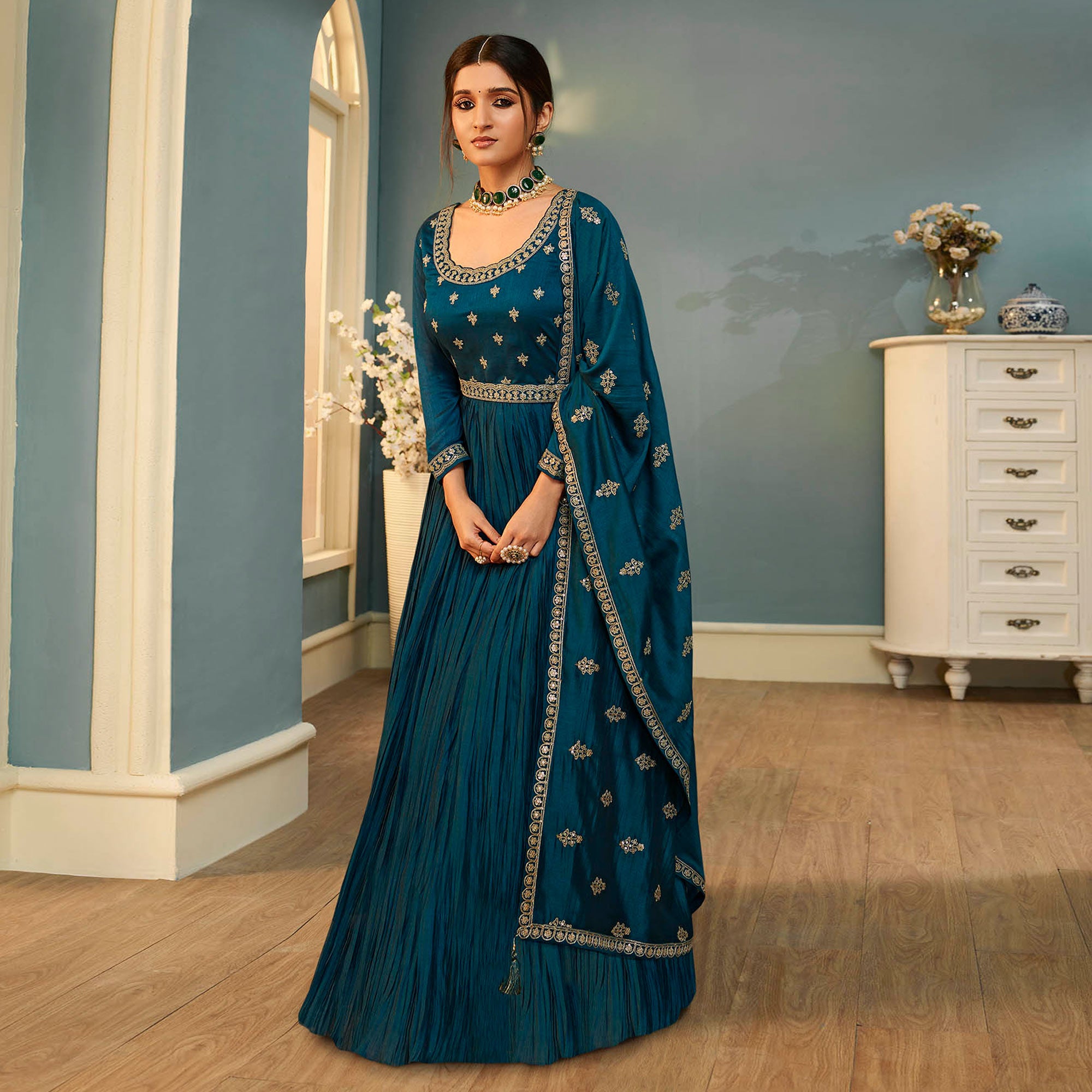 Teal Blue Embroidered Georgette Gown