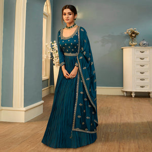 Teal Blue Embroidered Georgette Gown