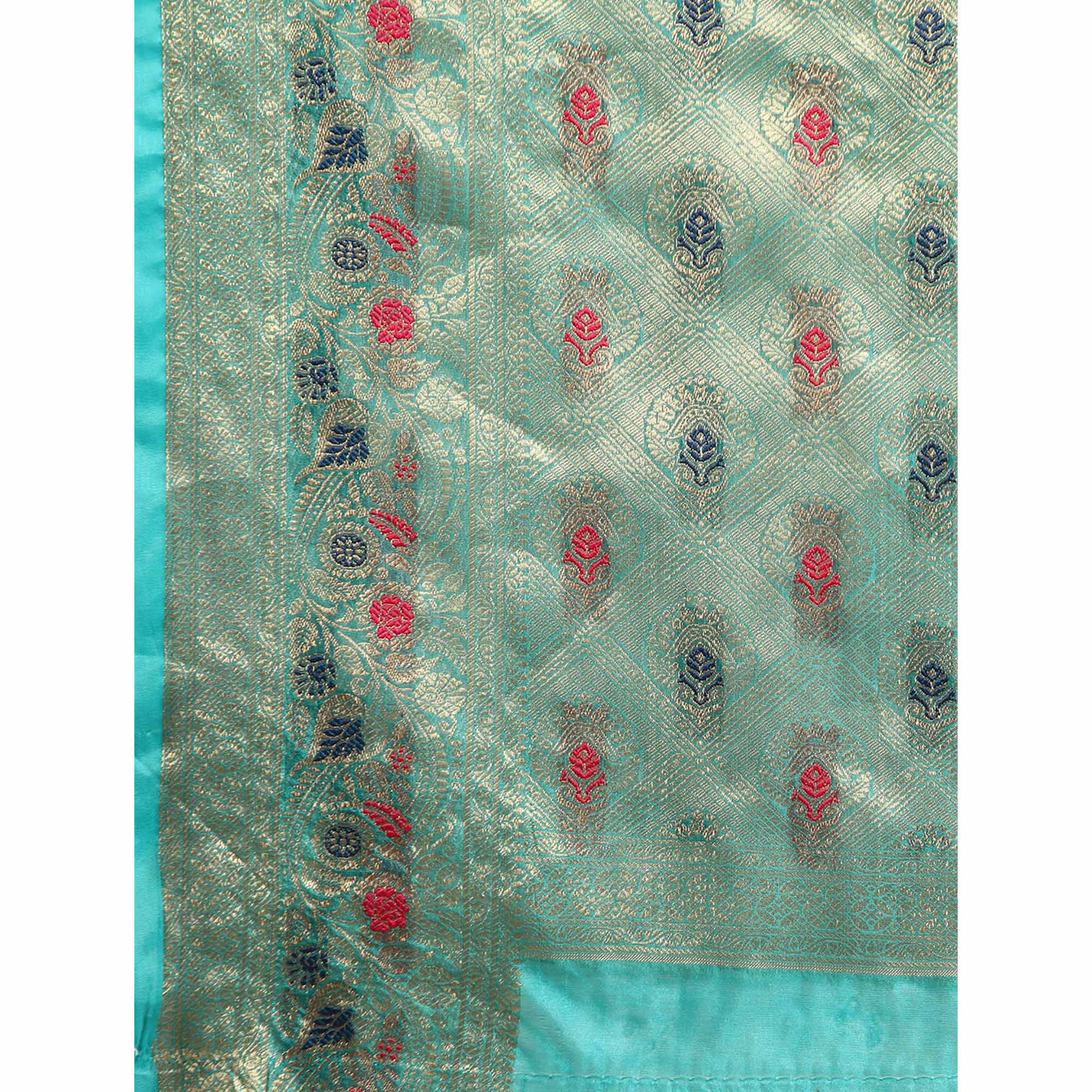 Turquoise Floral Woven Organza Silk Saree