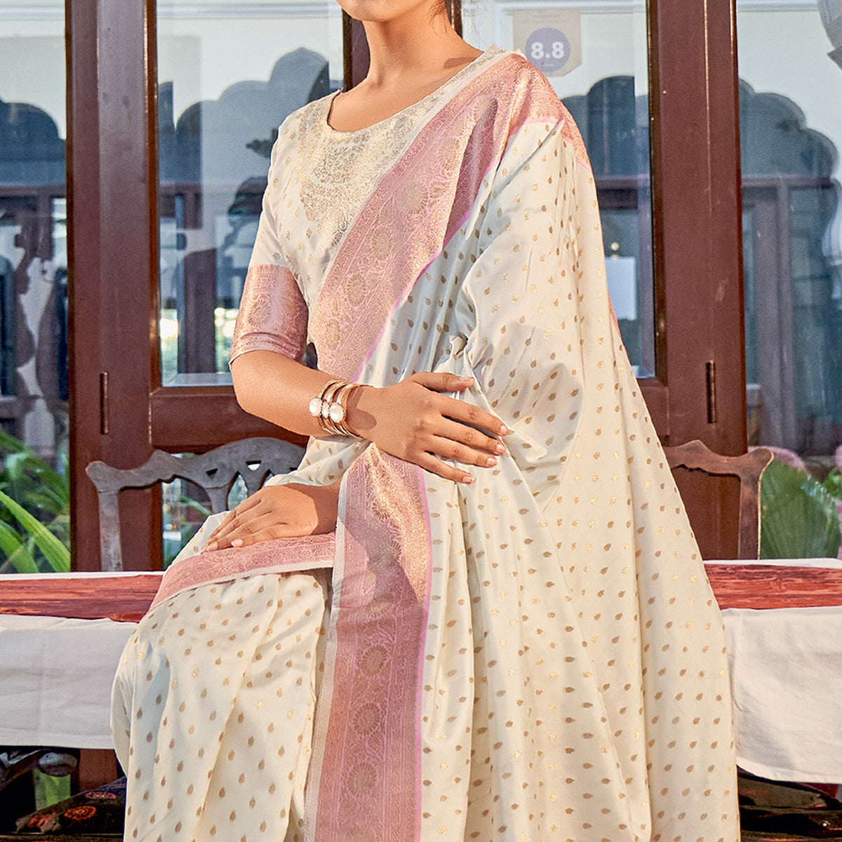 White Woven Banarasi Silk Saree