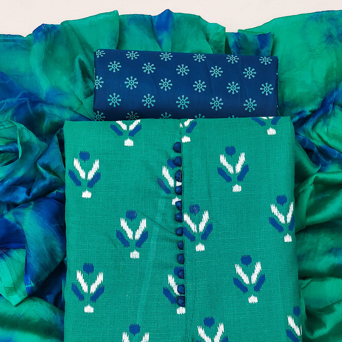 Rama Green Ikkat Printed Cotton Blend Dress Material