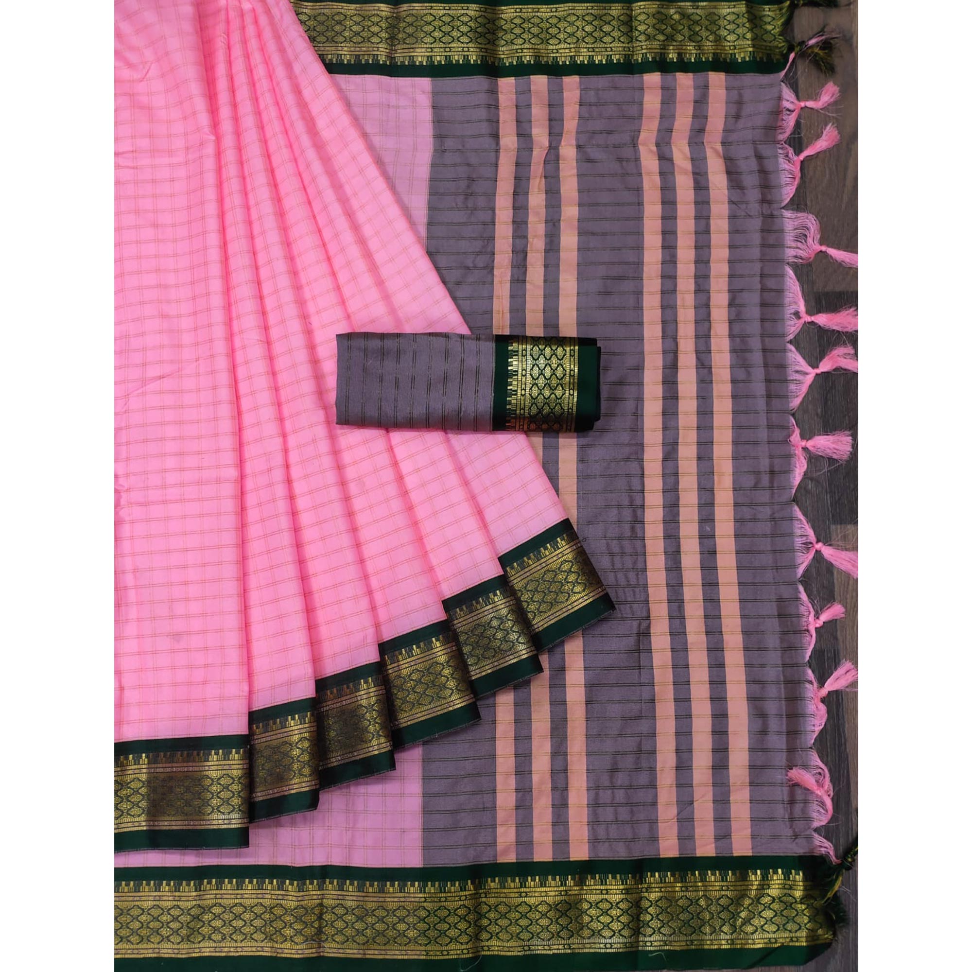 Baby Pink Checks With Woven Border Cotton Silk Saree