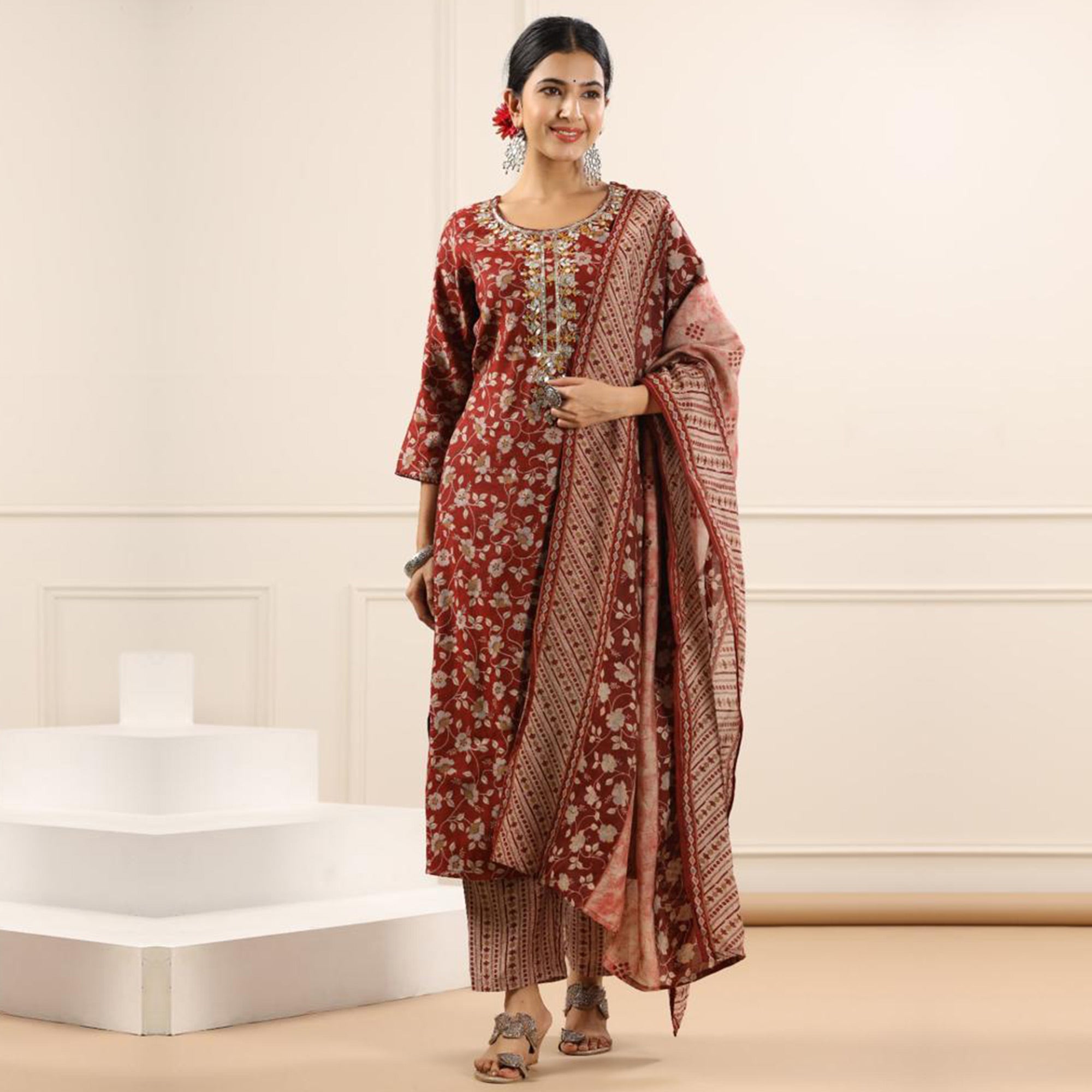 Maroon Jaipuri Printed Chanderi Salwar Suit