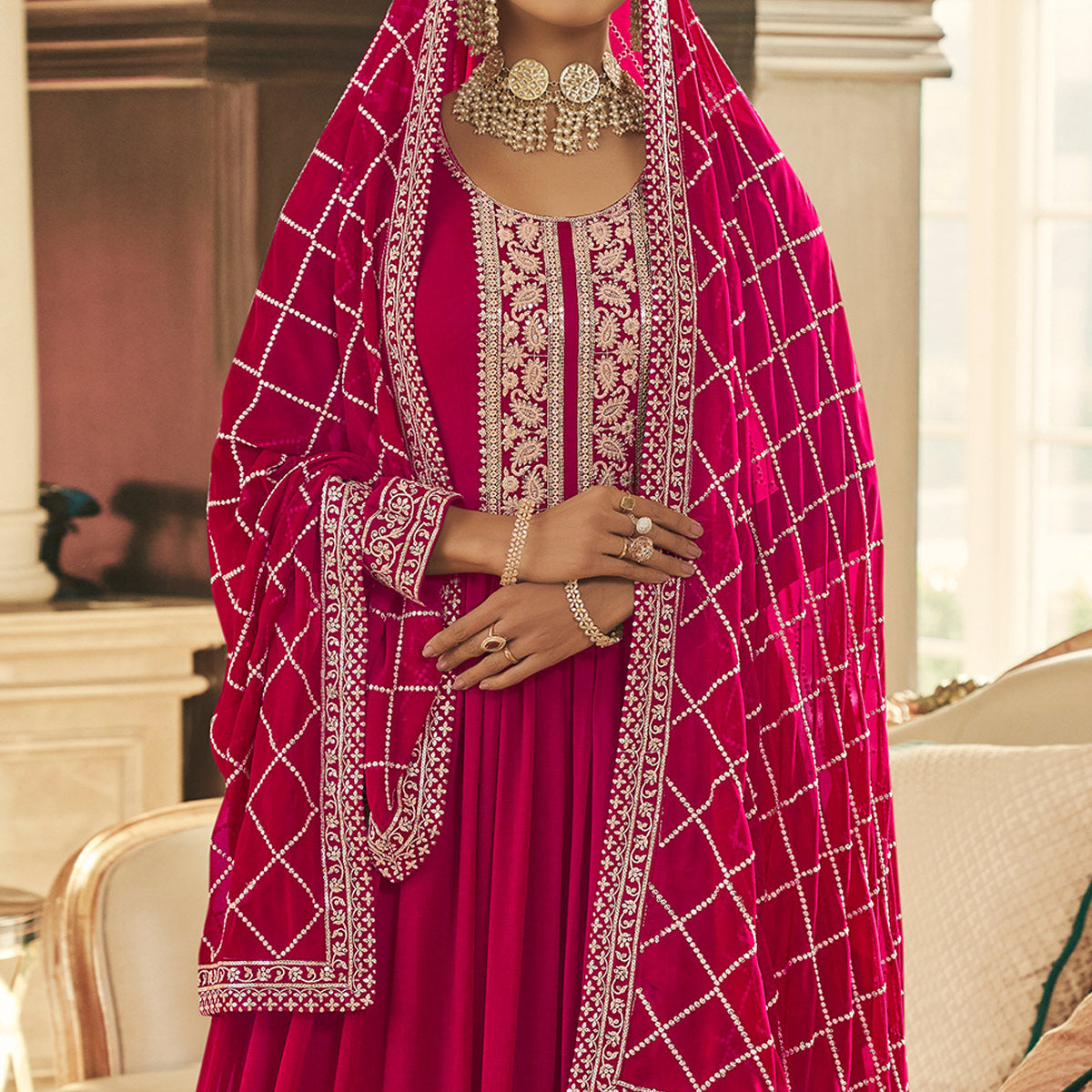 Rose Pink Embroidered Georgette Gown