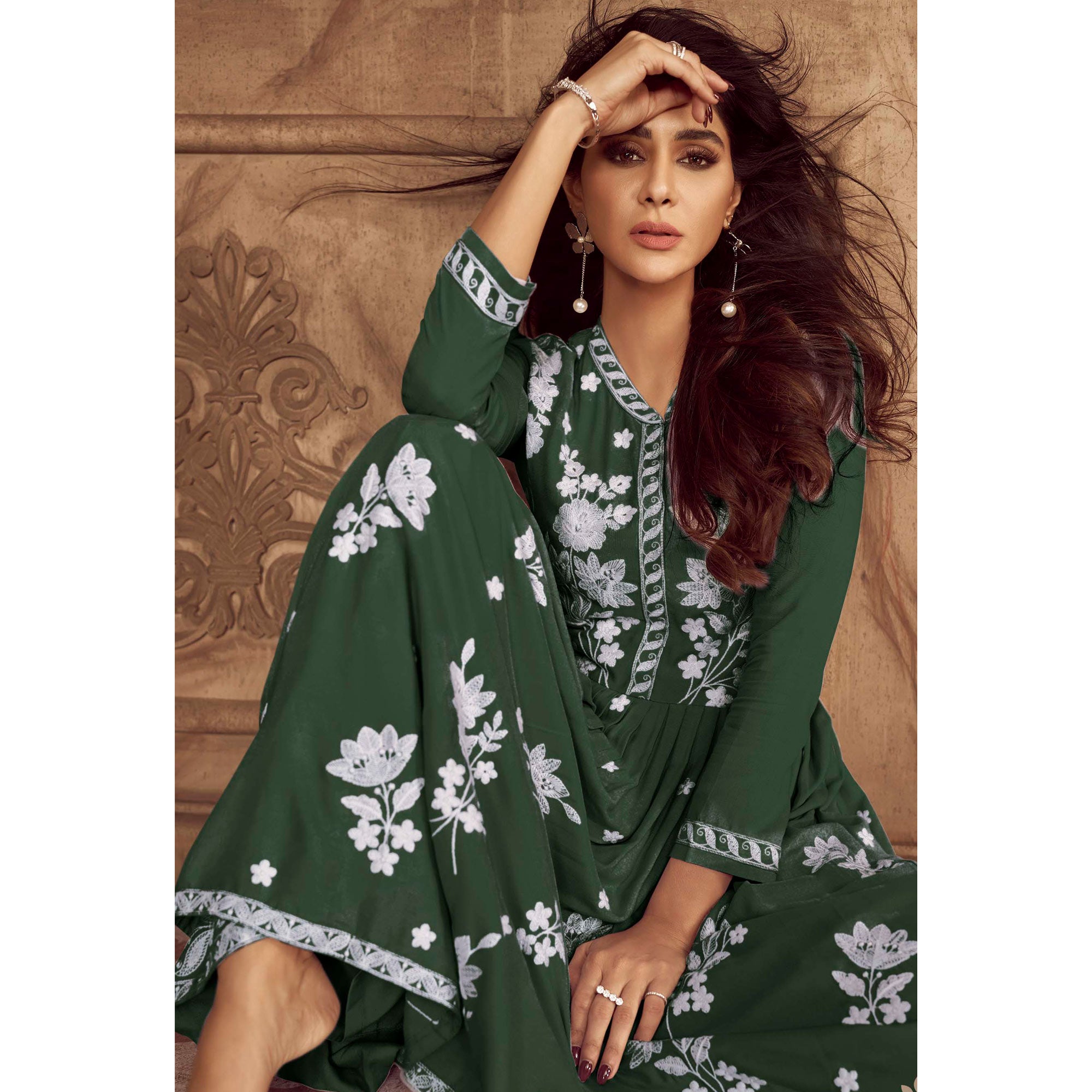 Green Lucknowi Embroidered Rayon Palazzo Suit