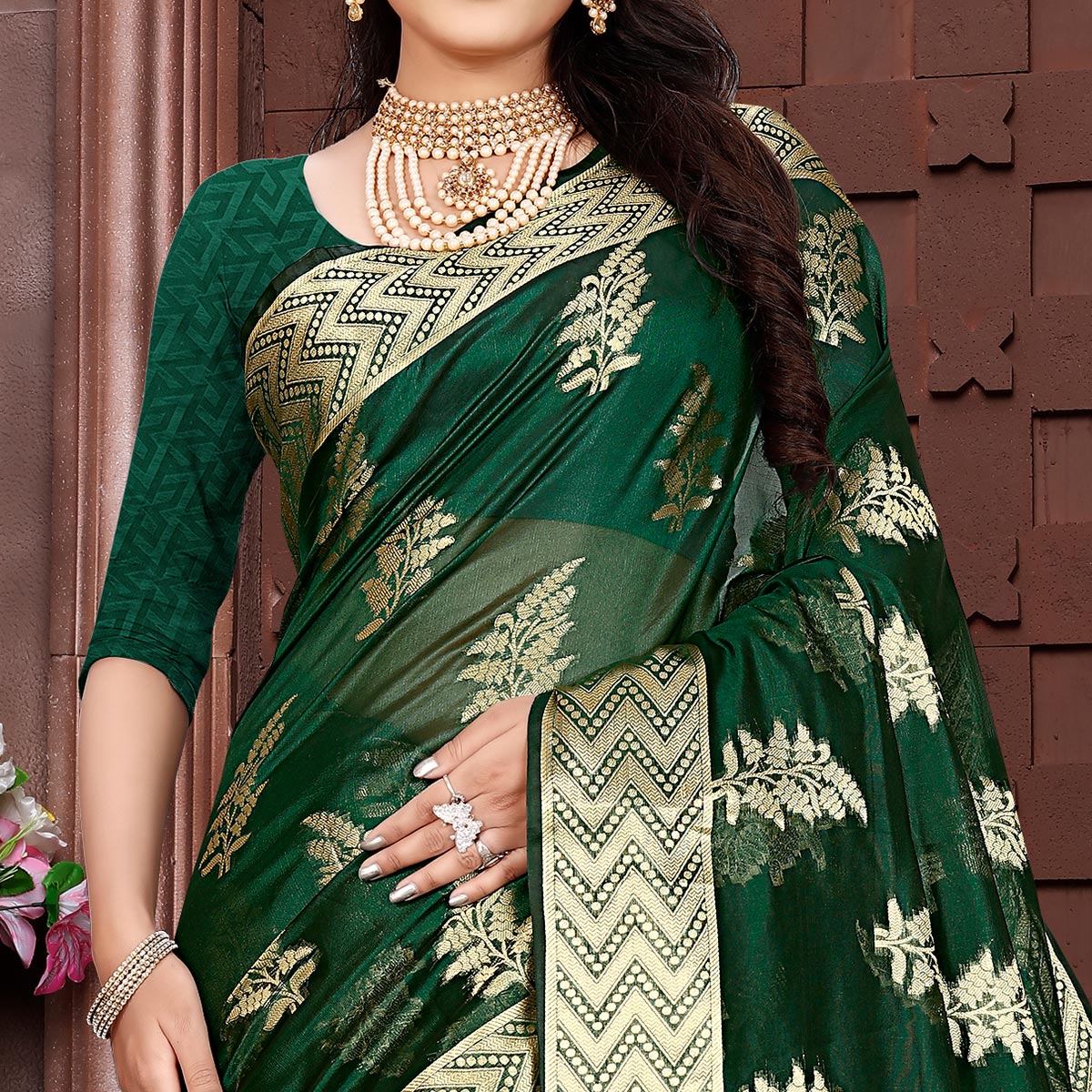 Bottle Green Floral Woven Organza Saree