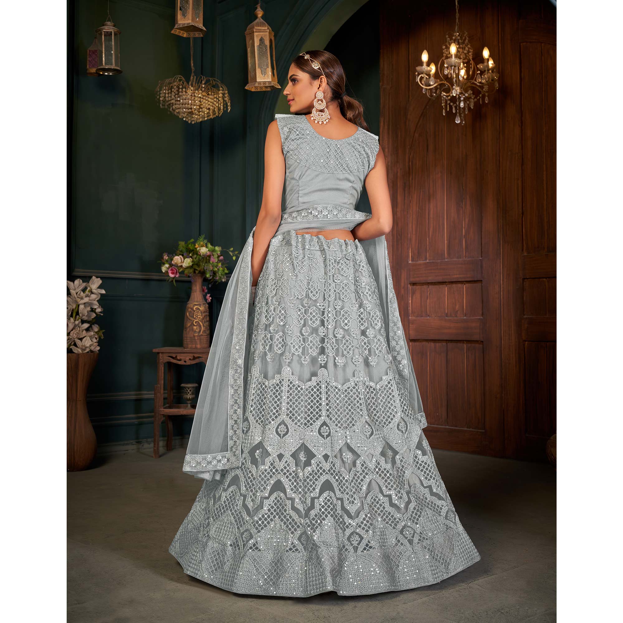 Grey Sequins Embroidered Netted Lehenga Choli