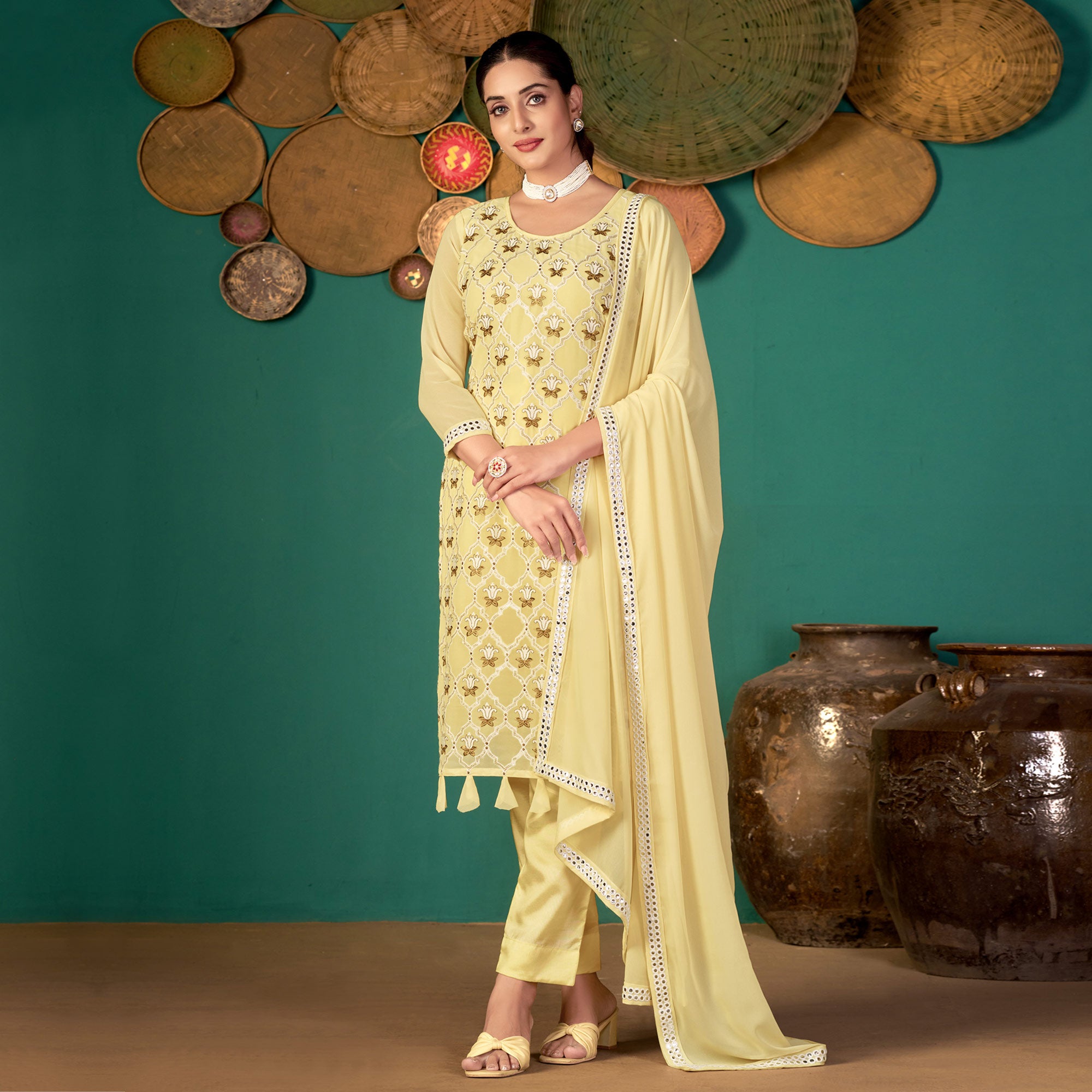 Yellow Floral Embroidered Georgette Suit