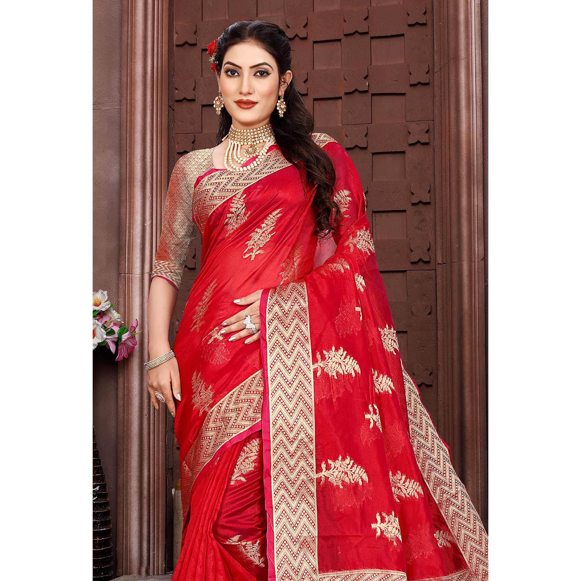 Red Floral Woven Organza Saree