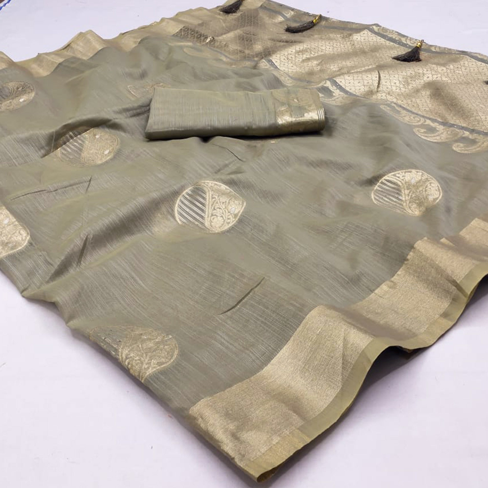 Grey Woven Art Silk Saree With Tassels