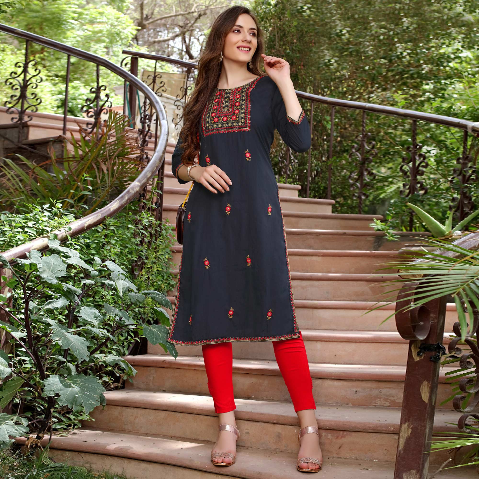 Navy Blue Floral Embroidered Muslin Kurti